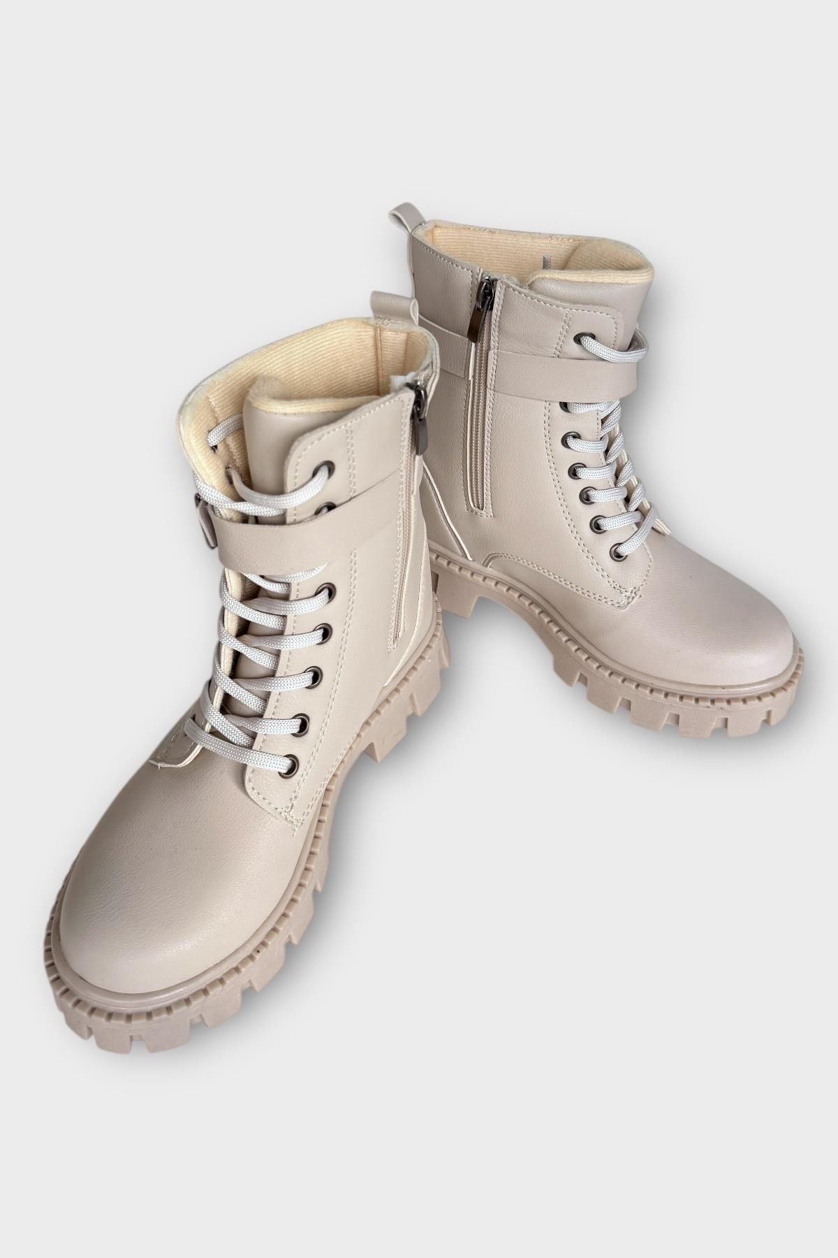 Liger Liger Kadın Çanta Detay Yüksek Kalın Taban Bağcıklı Fermuarlı Bot BEJ | Flo Bej - 5. görsel
