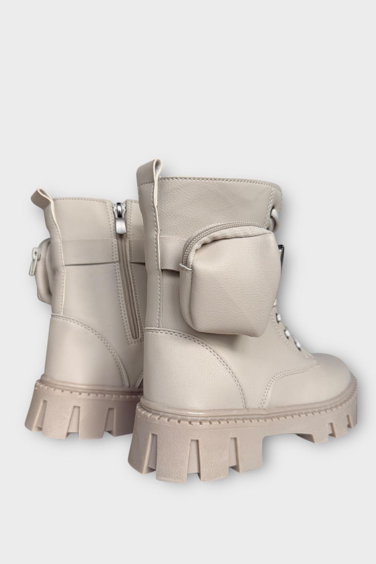 Liger Liger Kadın Çanta Detay Yüksek Kalın Taban Bağcıklı Fermuarlı Bot BEJ | Flo Bej - 6. görsel