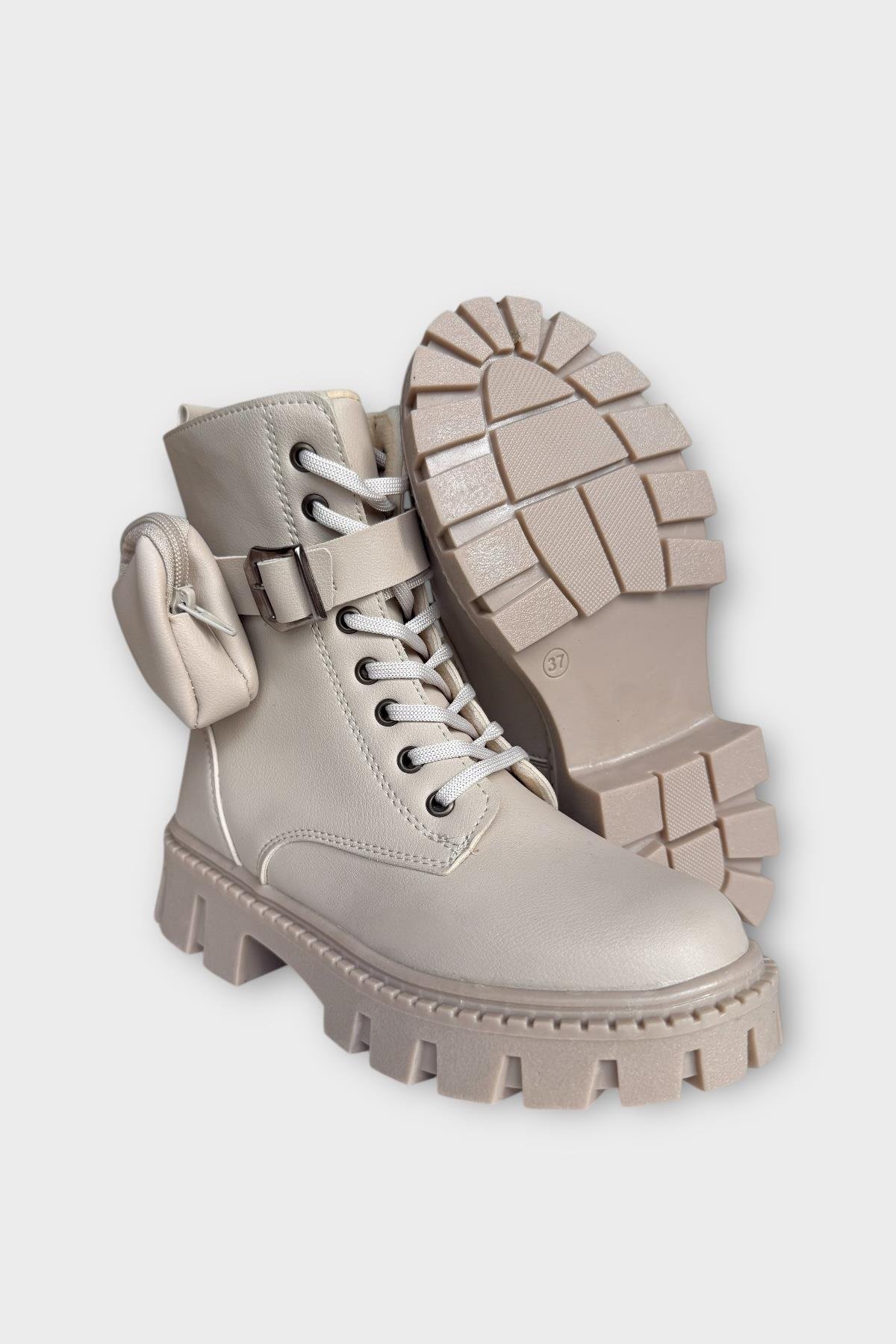 Liger Liger Kadın Çanta Detay Yüksek Kalın Taban Bağcıklı Fermuarlı Bot BEJ | Flo Bej - 7. görsel