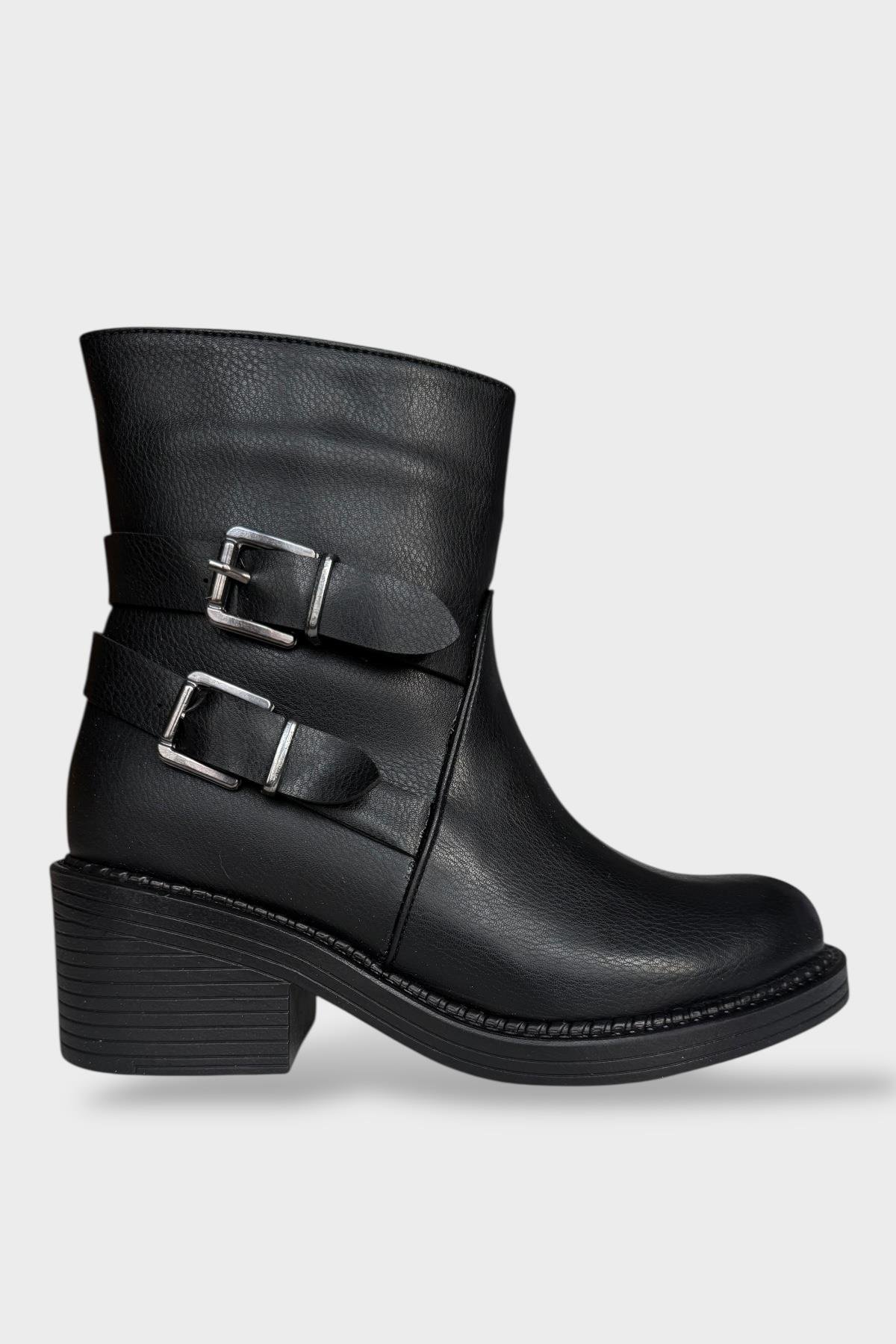 Toka Detaylı Topuklu Fermuarlı Kadın Bot SİYAH - Görsel 2