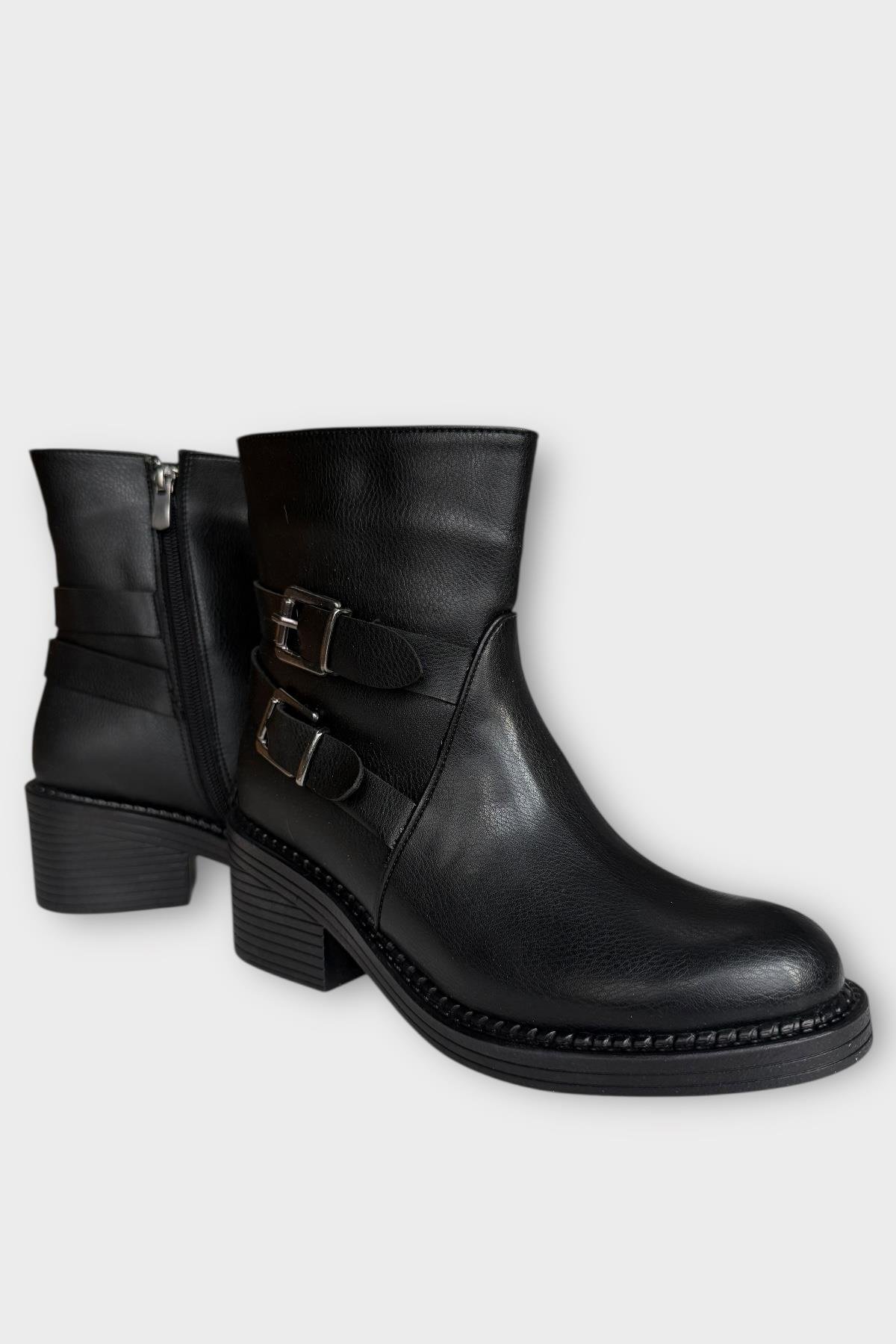 Toka Detaylı Topuklu Fermuarlı Kadın Bot SİYAH - Görsel 3