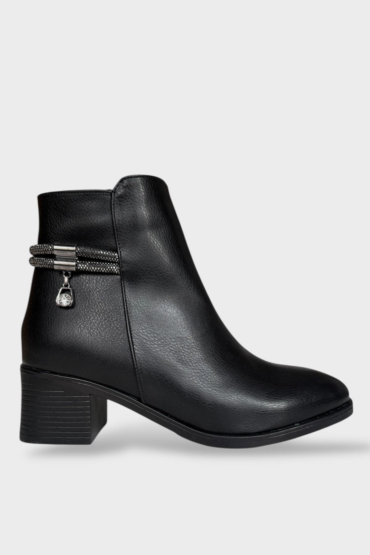 Kadın Taş Zincir Detaylı Topuklu Kadın Bot SİYAH - Görsel 2