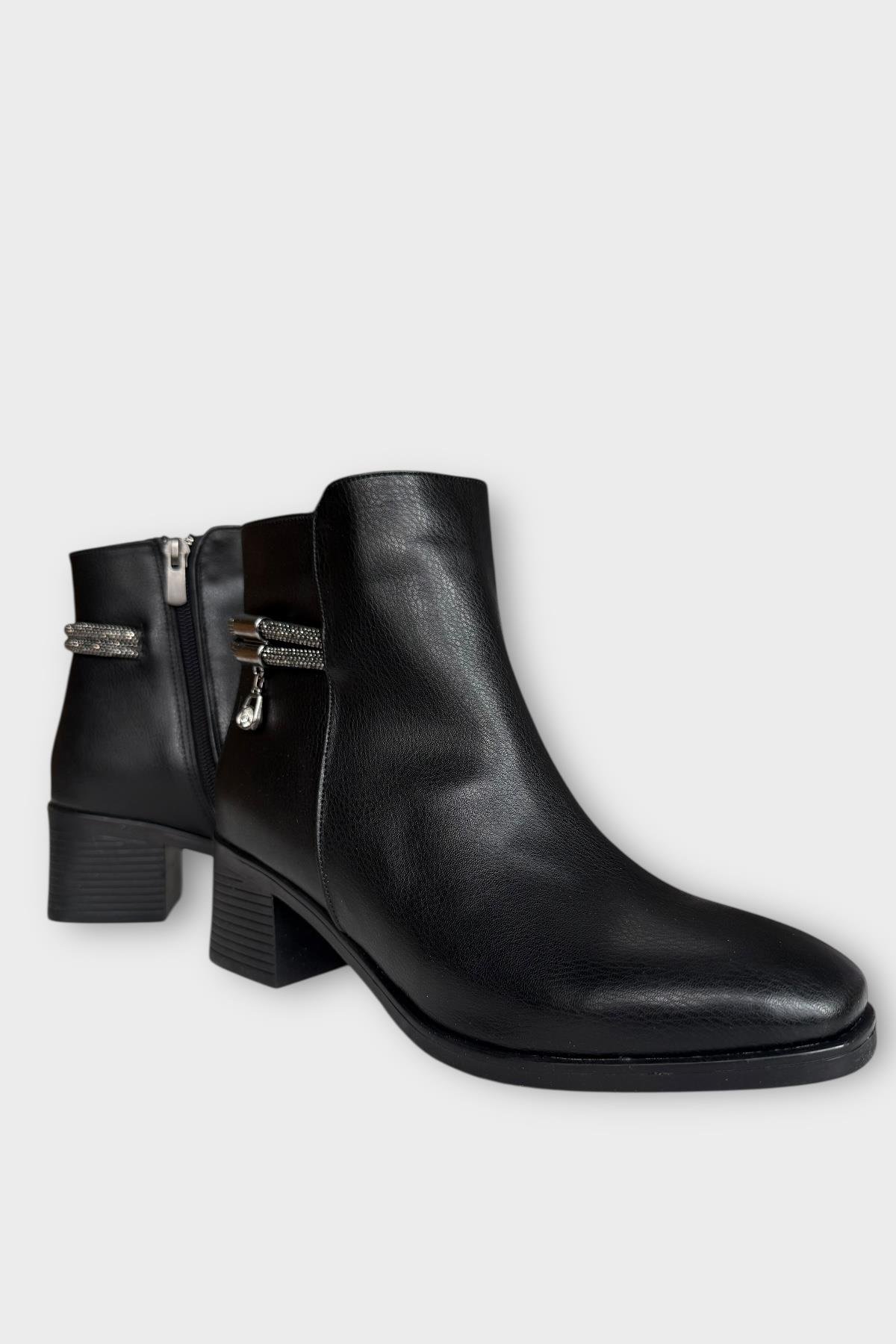 Kadın Taş Zincir Detaylı Topuklu Kadın Bot SİYAH - Görsel 3
