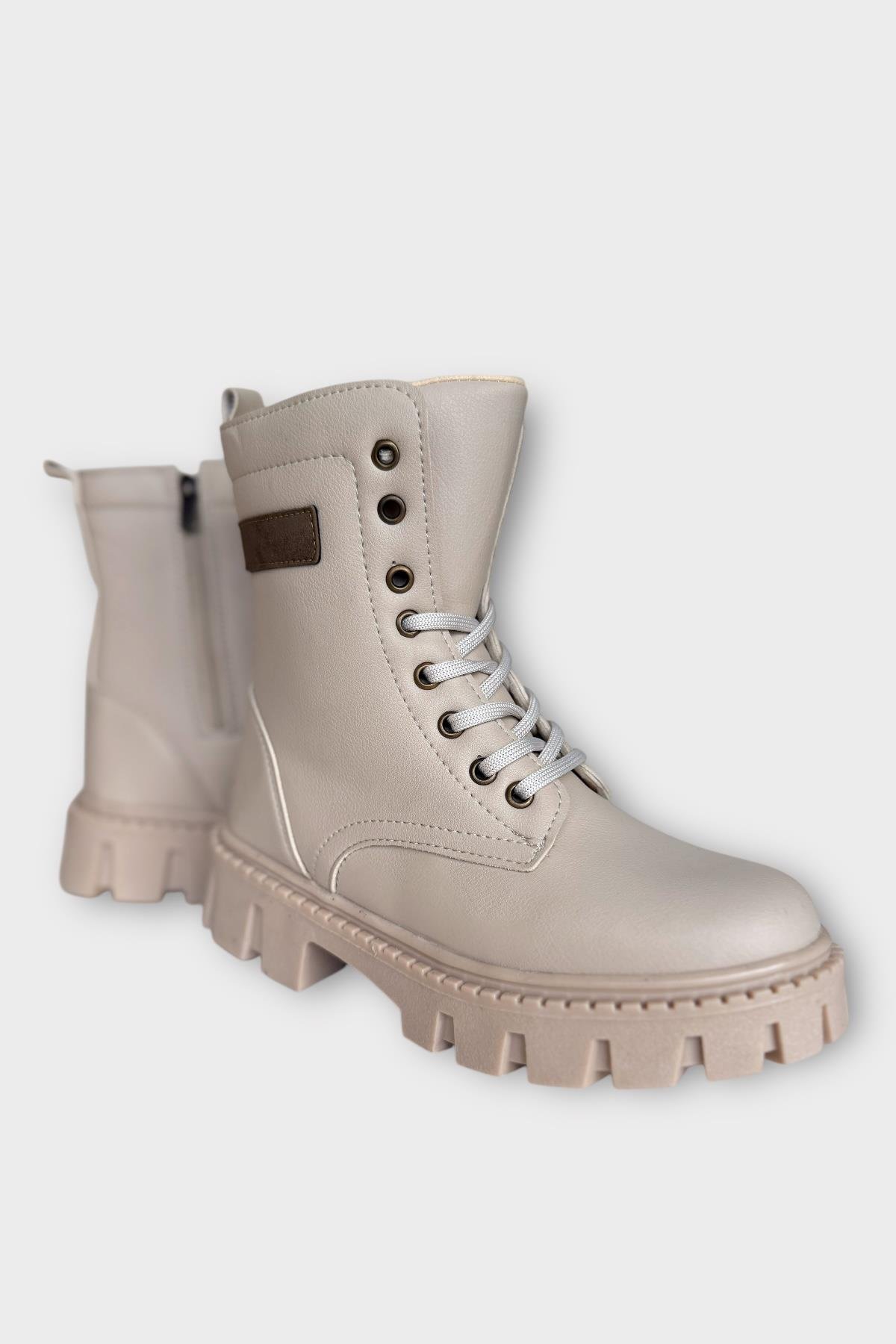 Kışlık Bağcıklı Fermuarlı Uzun Kadın Bot BEJ - Görsel 3