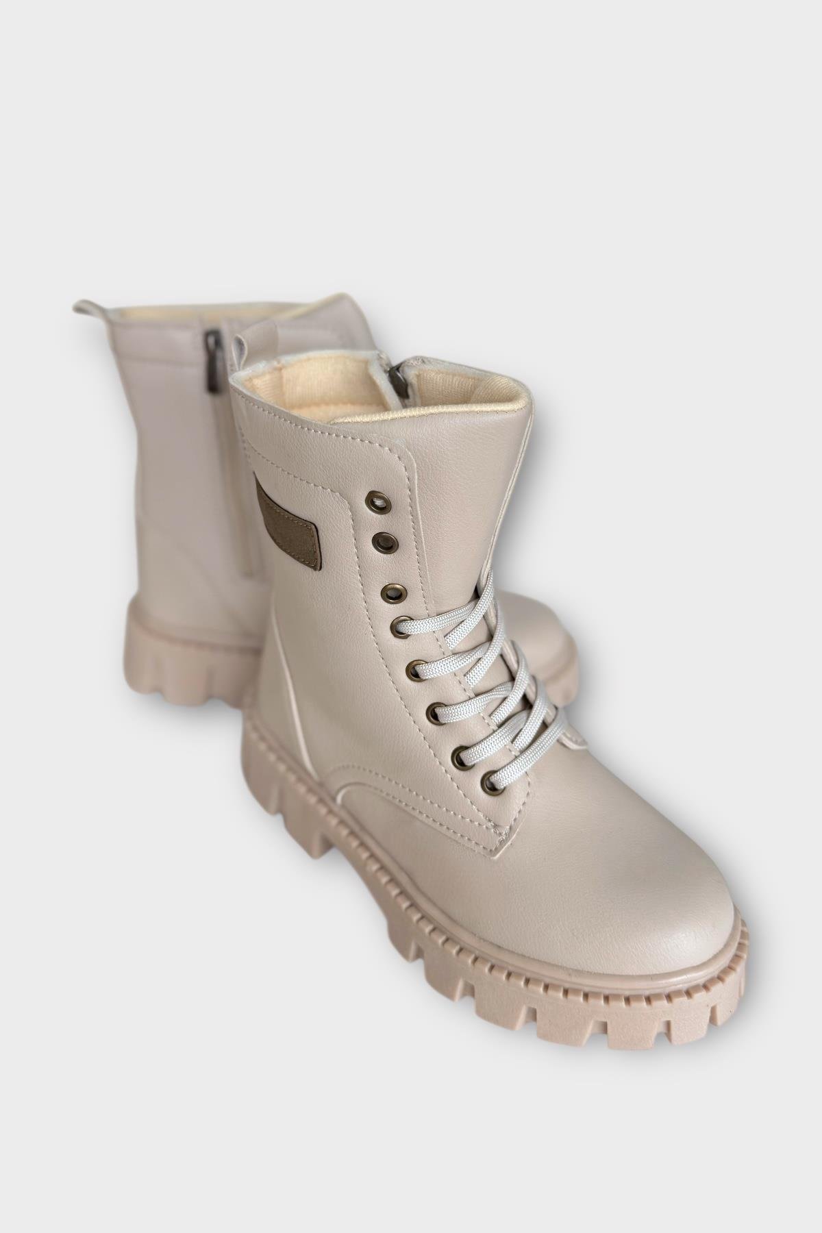 Kışlık Bağcıklı Fermuarlı Uzun Kadın Bot BEJ - Görsel 4