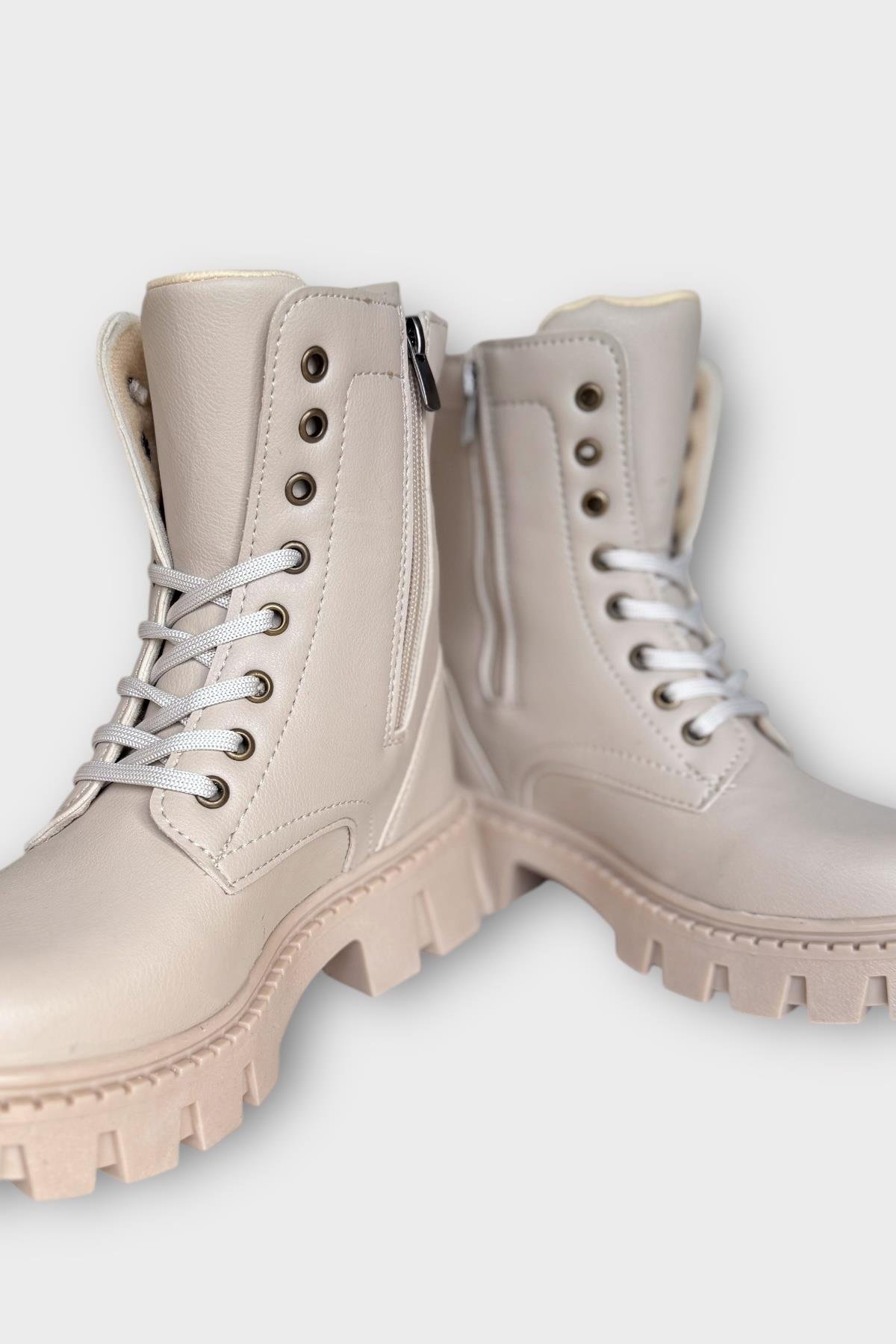 Kışlık Bağcıklı Fermuarlı Uzun Kadın Bot BEJ - Görsel 5