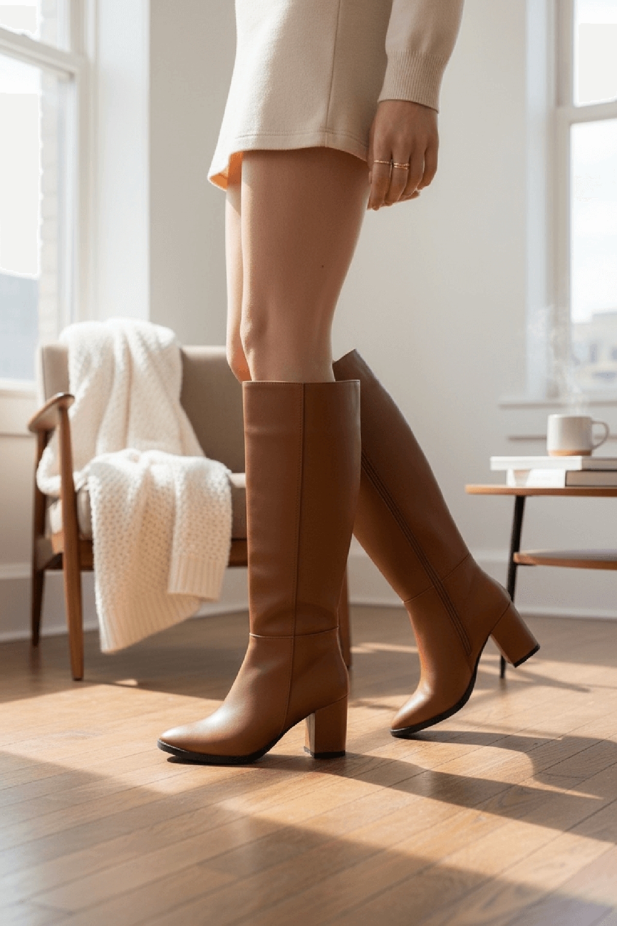 Kleo Taba Deri Topuklu (7cm) Yanı Fermuarlı Günlük Kullanım Çizme - Görsel 2