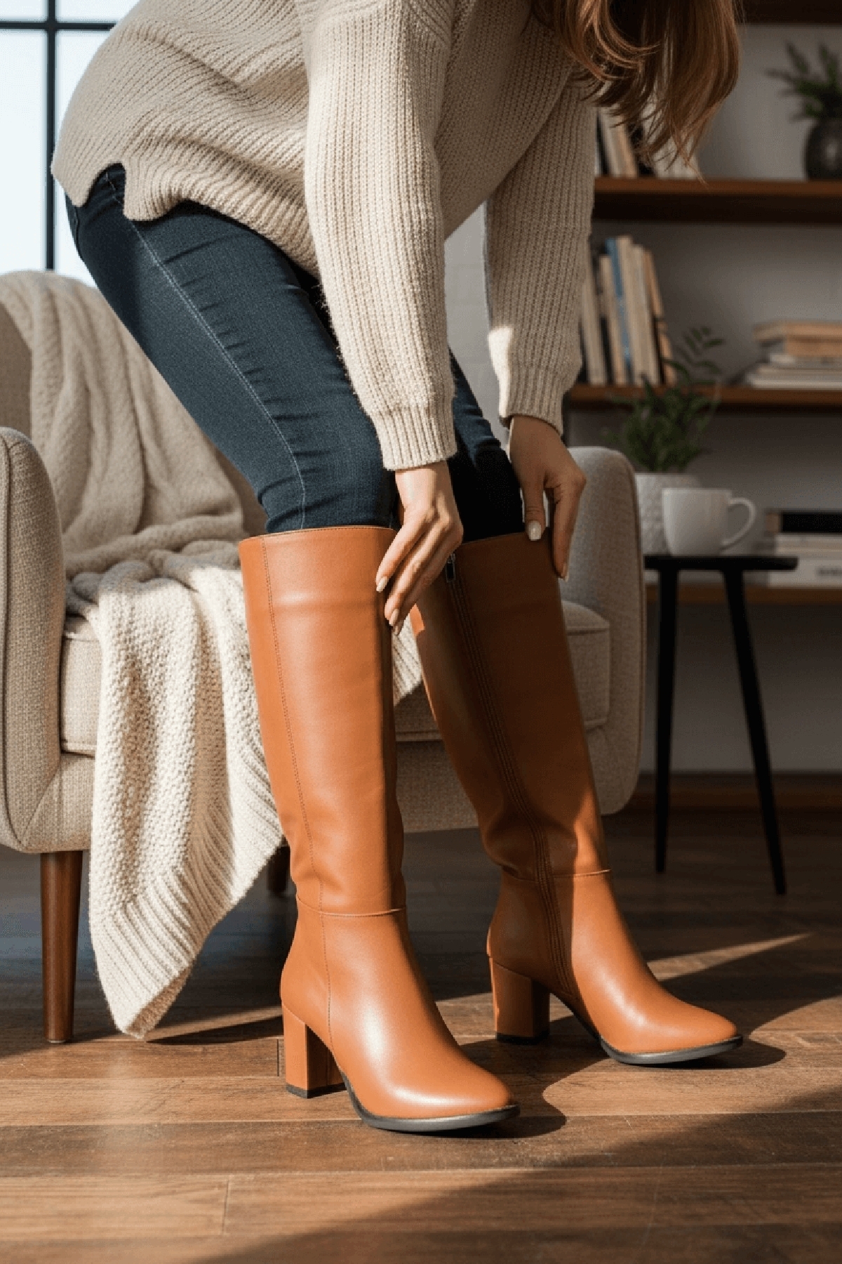 Kleo Taba Deri Topuklu (7cm) Yanı Fermuarlı Günlük Kullanım Çizme - Görsel 5