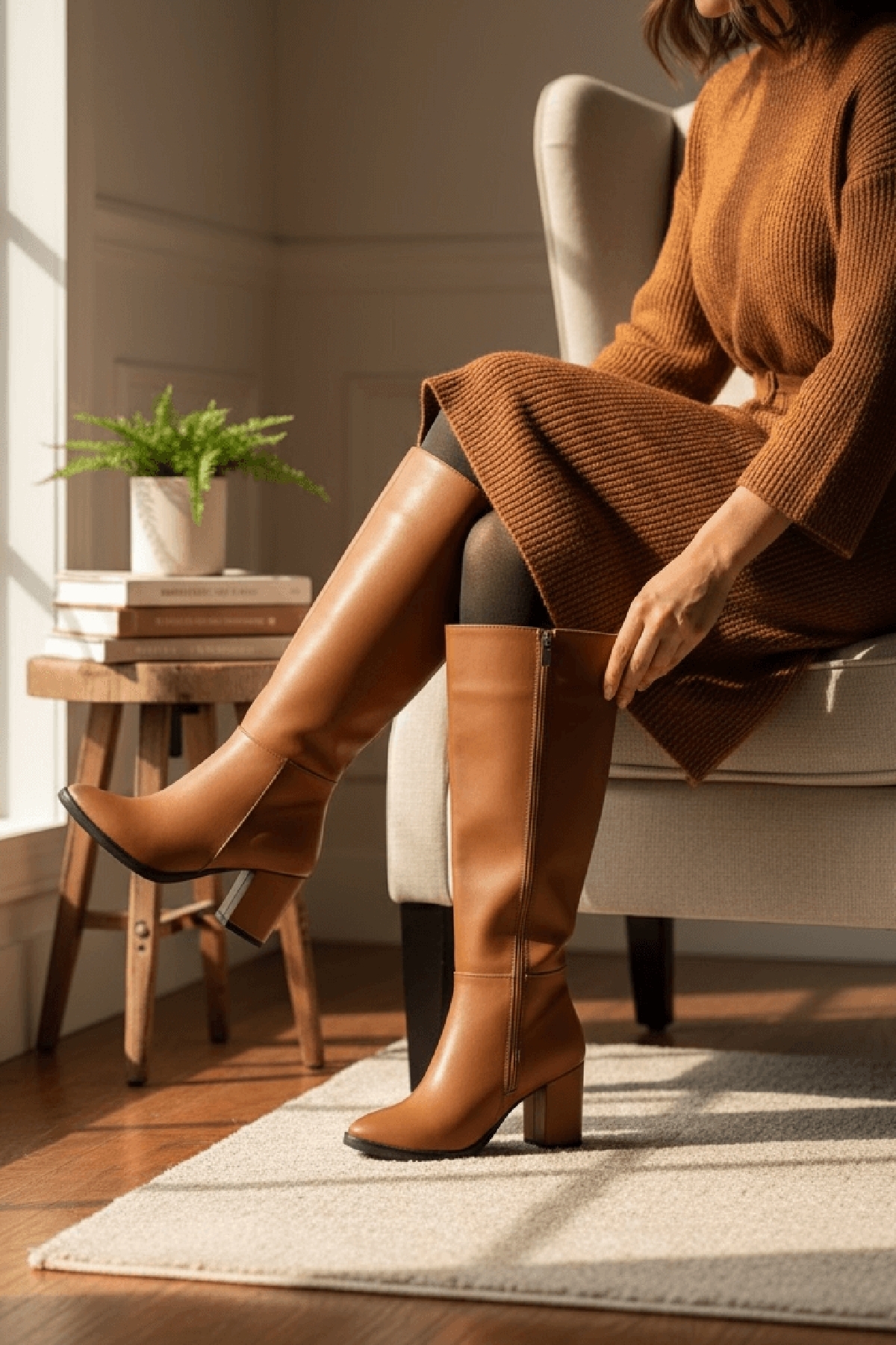 Kleo Taba Deri Topuklu (7cm) Yanı Fermuarlı Günlük Kullanım Çizme - Görsel 7