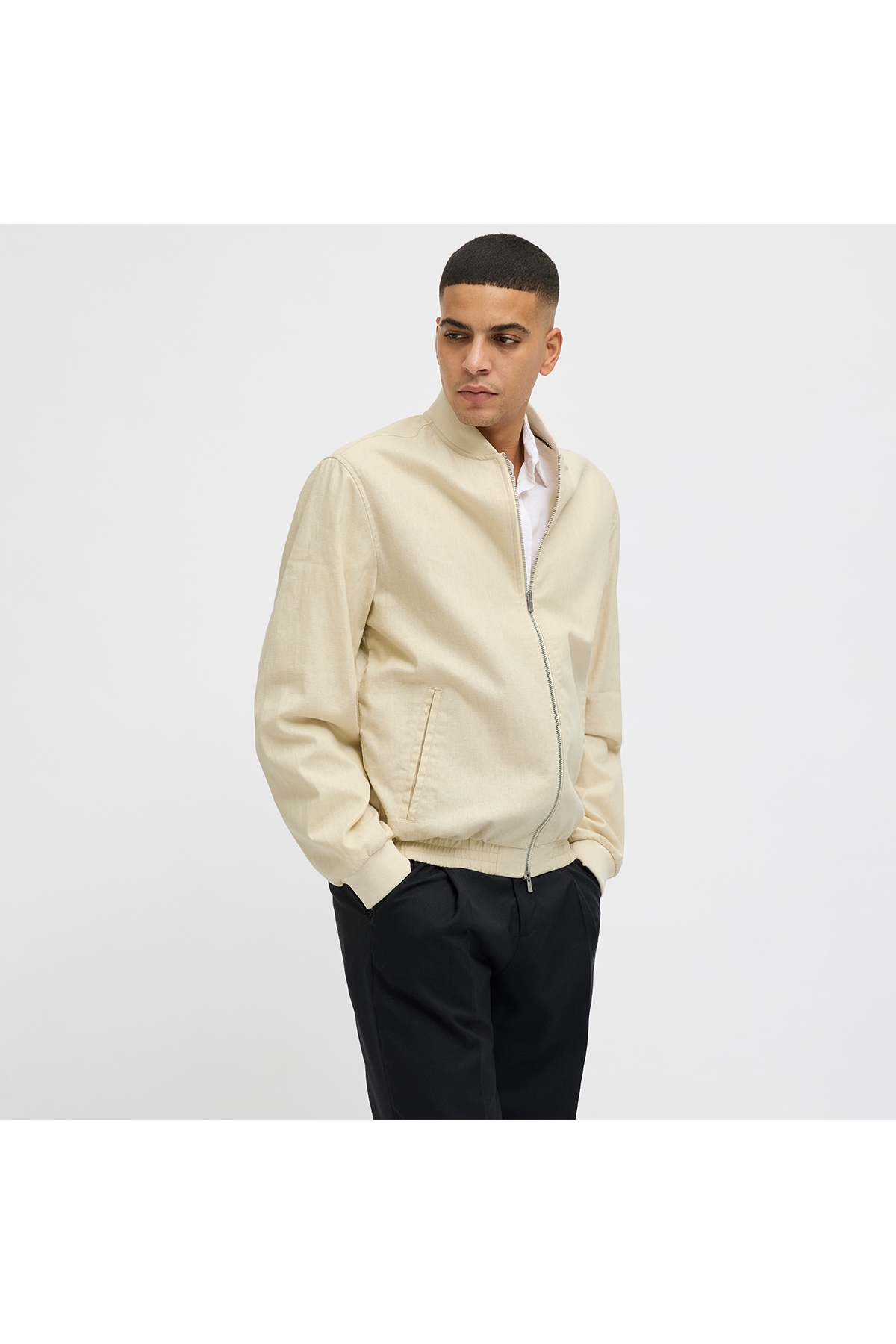 Jack &amp; Jones Jack & Jones Jack&Jones Blaleister Linen Blend Bomber Erkek Bej Klasik Yaka Ceket