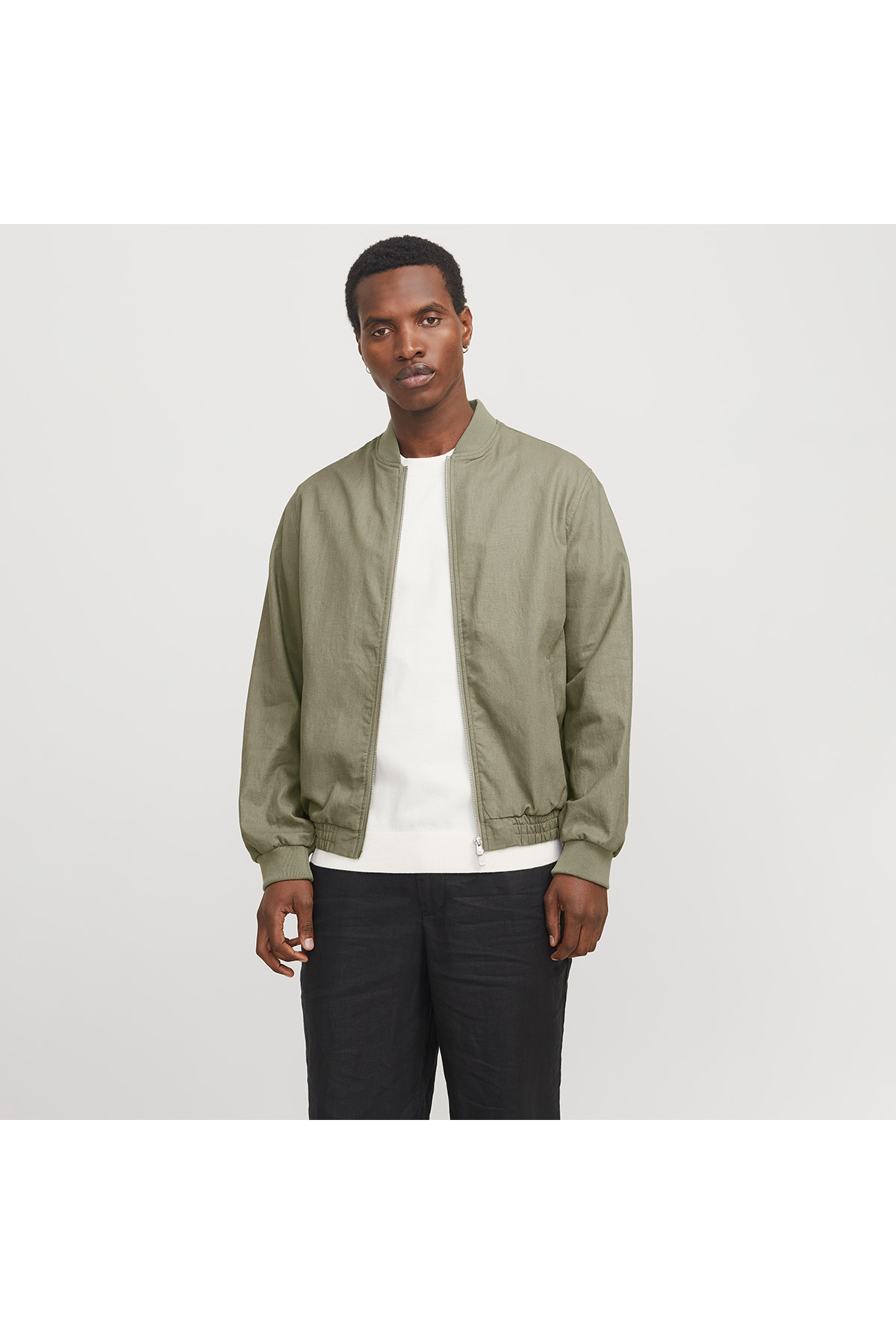 Jack &amp; Jones Jack & Jones Jack&Jones Blaleister Linen Blend Bomber Erkek Haki Klasik Yaka Ceket