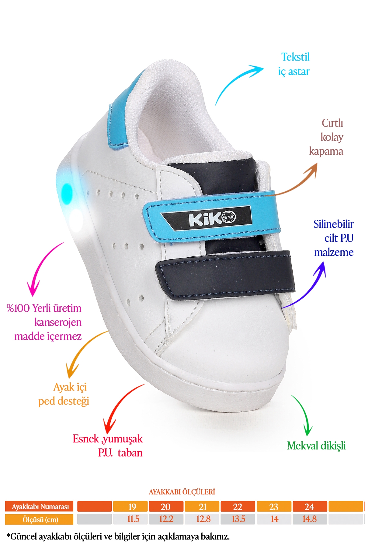 Royzo Cırtlı Işıklı Kız Çocuk Spor Ayakkabı Beyaz - Mavi - Lacivert - Görsel 3