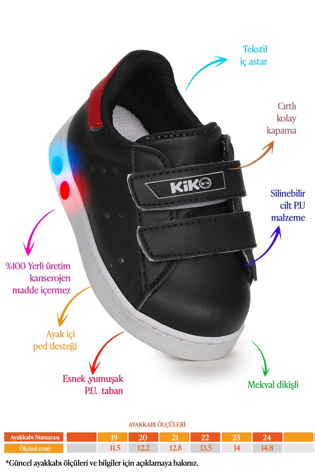 Royzo Cırtlı Işıklı Kız Çocuk Spor Ayakkabı Siyah - Kırmızı - Görsel 3