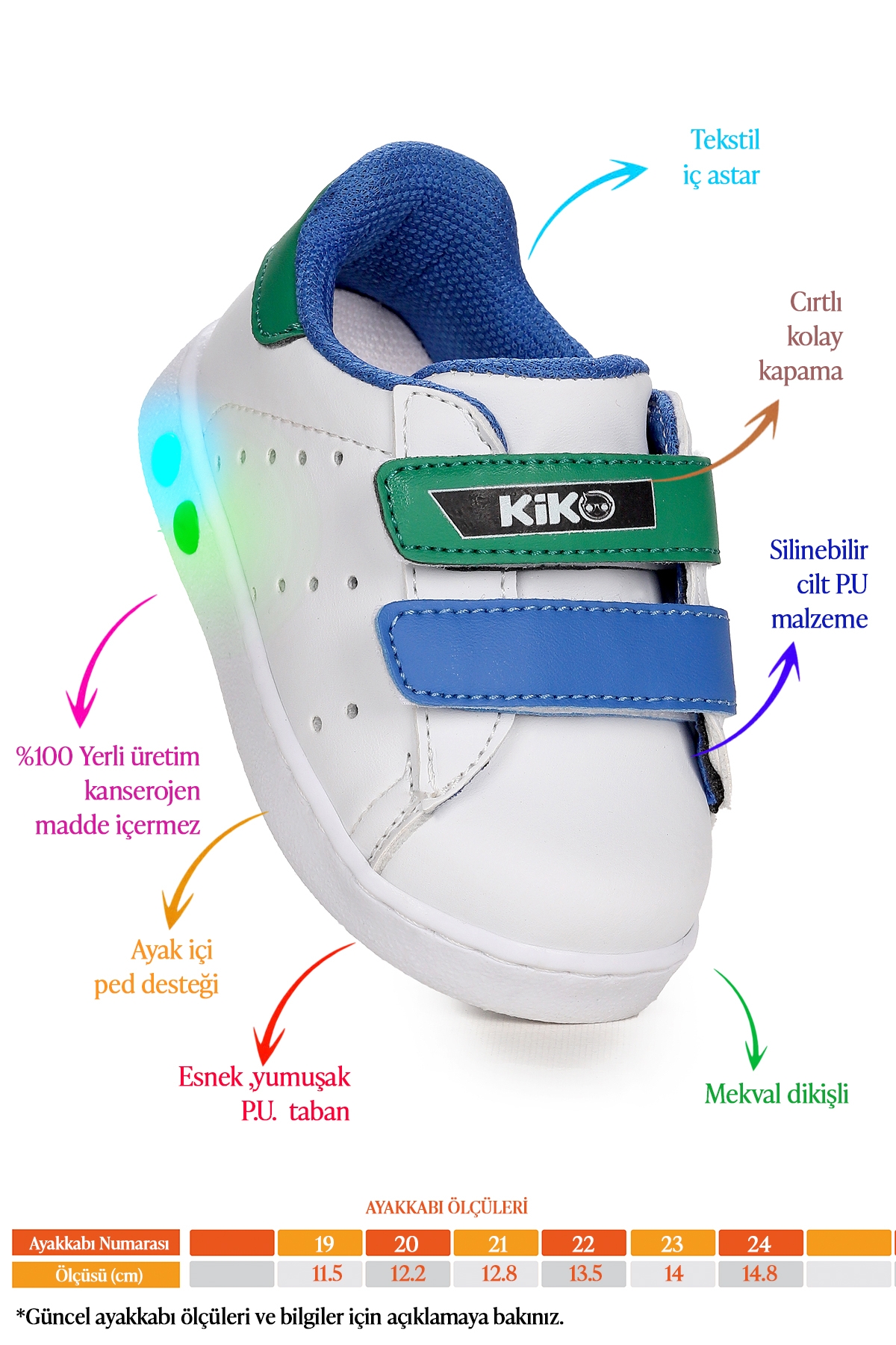 Royzo Cırtlı Işıklı Kız Çocuk Spor Ayakkabı Beyaz - Mavi - Yeşil - Görsel 3