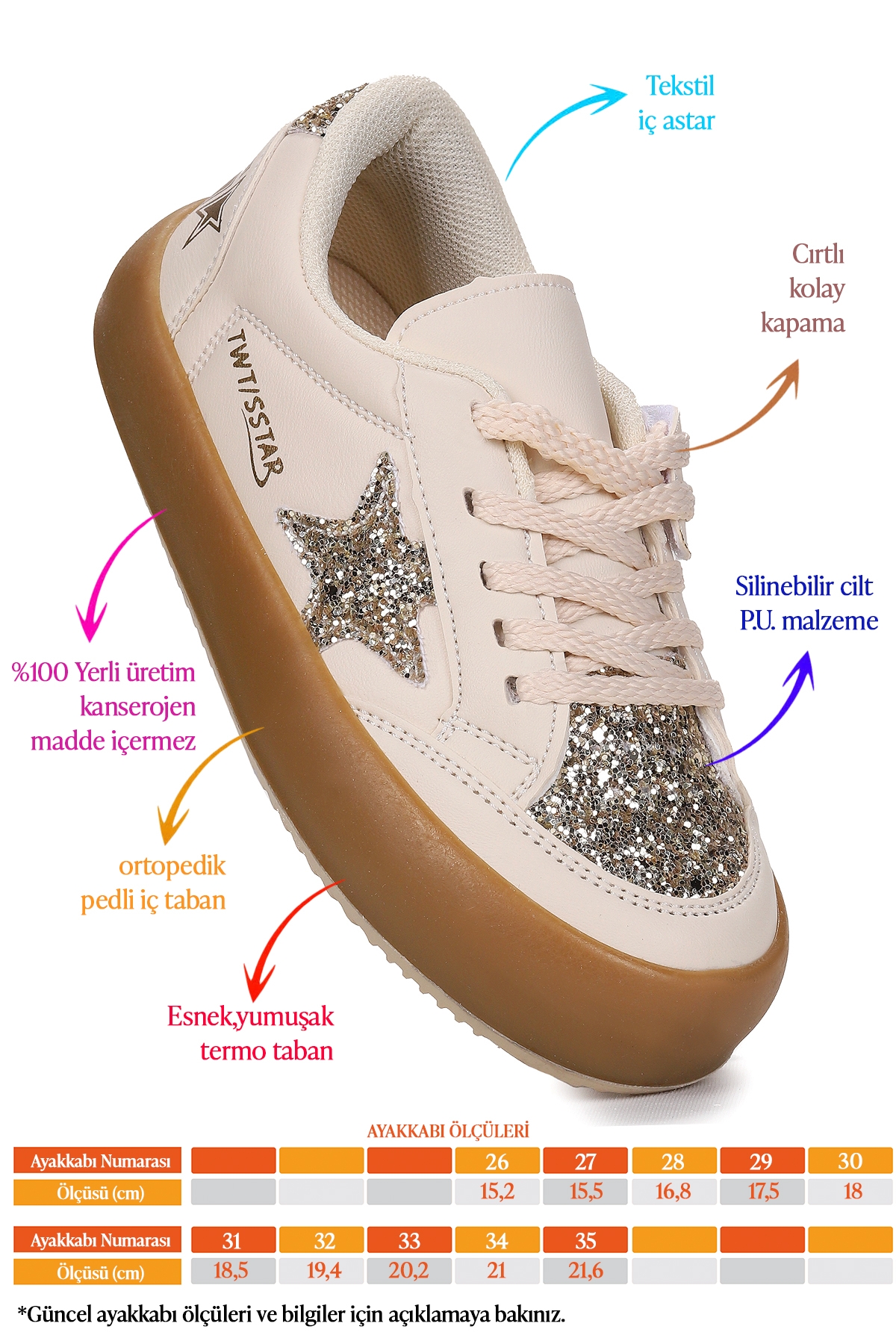 Rida Günlük Bağcıklı Kız Çocuk Spor Ayakkabı Krem - Altın - Görsel 3