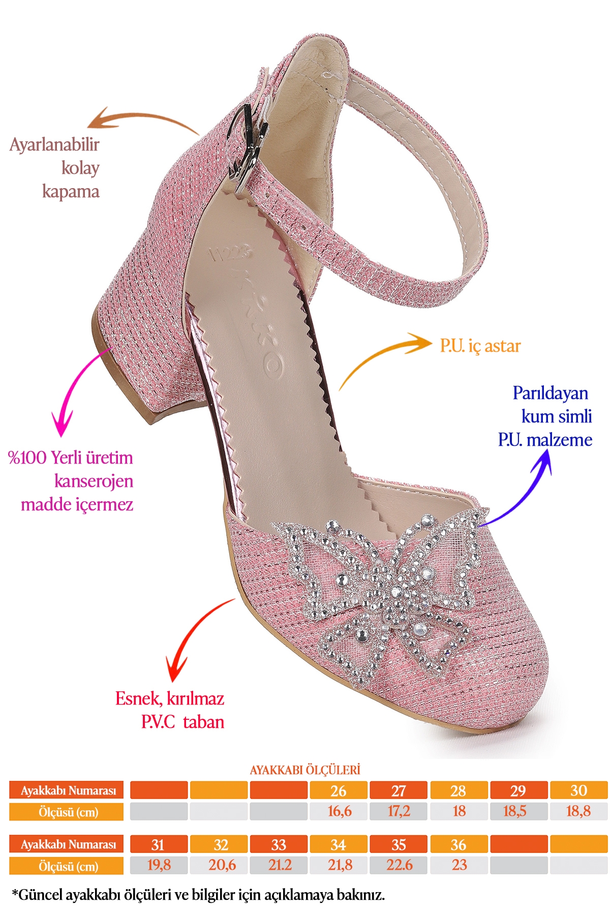 Zete Kum Simli Kız Çocuk 4 Cm Topuklu Abiye Ayakkabı Pembe - Görsel 3