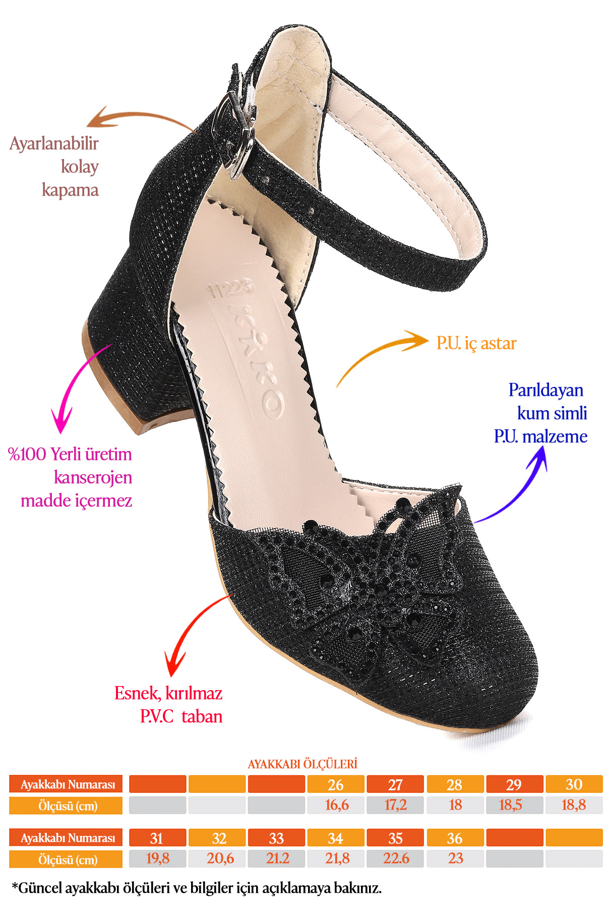 Zete Kum Simli Kız Çocuk 4 Cm Topuklu Abiye Ayakkabı Siyah - Görsel 3