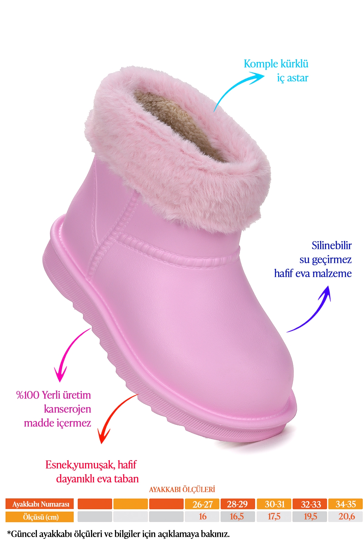Geta Su Geçirmez İçi Kürklü Kız Çocuk Eva Yağmur Kar Çizme Pembe - Görsel 3
