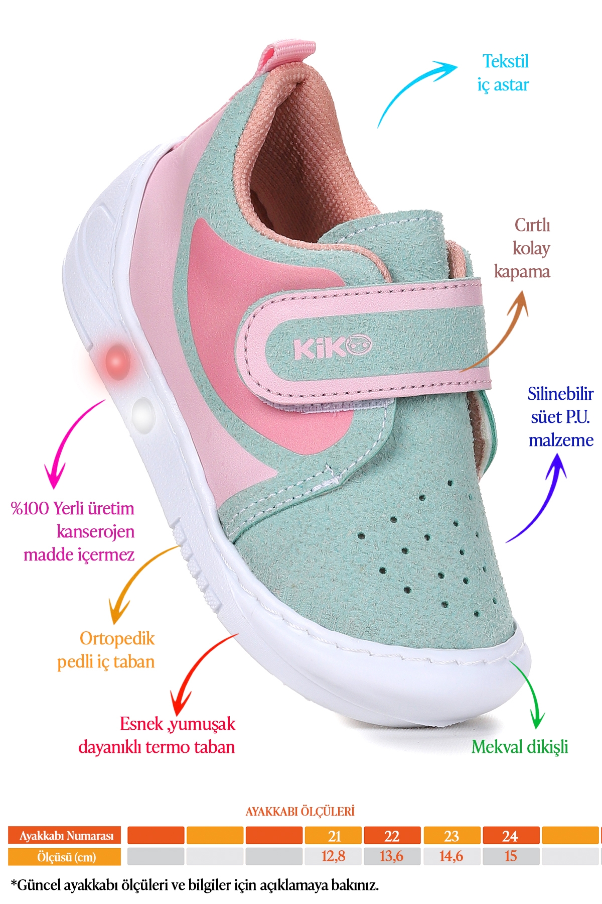 Kugan Cırtlı Işıklı Kız Bebek Yürüyüş Spor Ayakkabı Su Yeşili - Pembe - Görsel 3