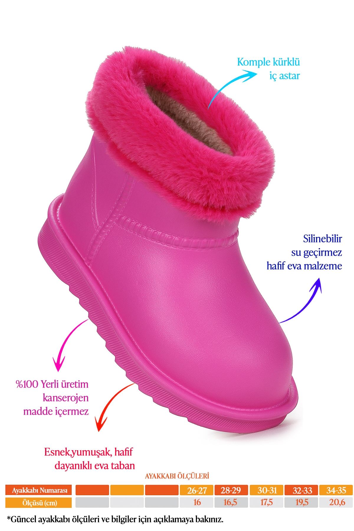 Geta Su Geçirmez İçi Kürklü Kız Çocuk Eva Yağmur Kar Çizme Fuşya - Görsel 3