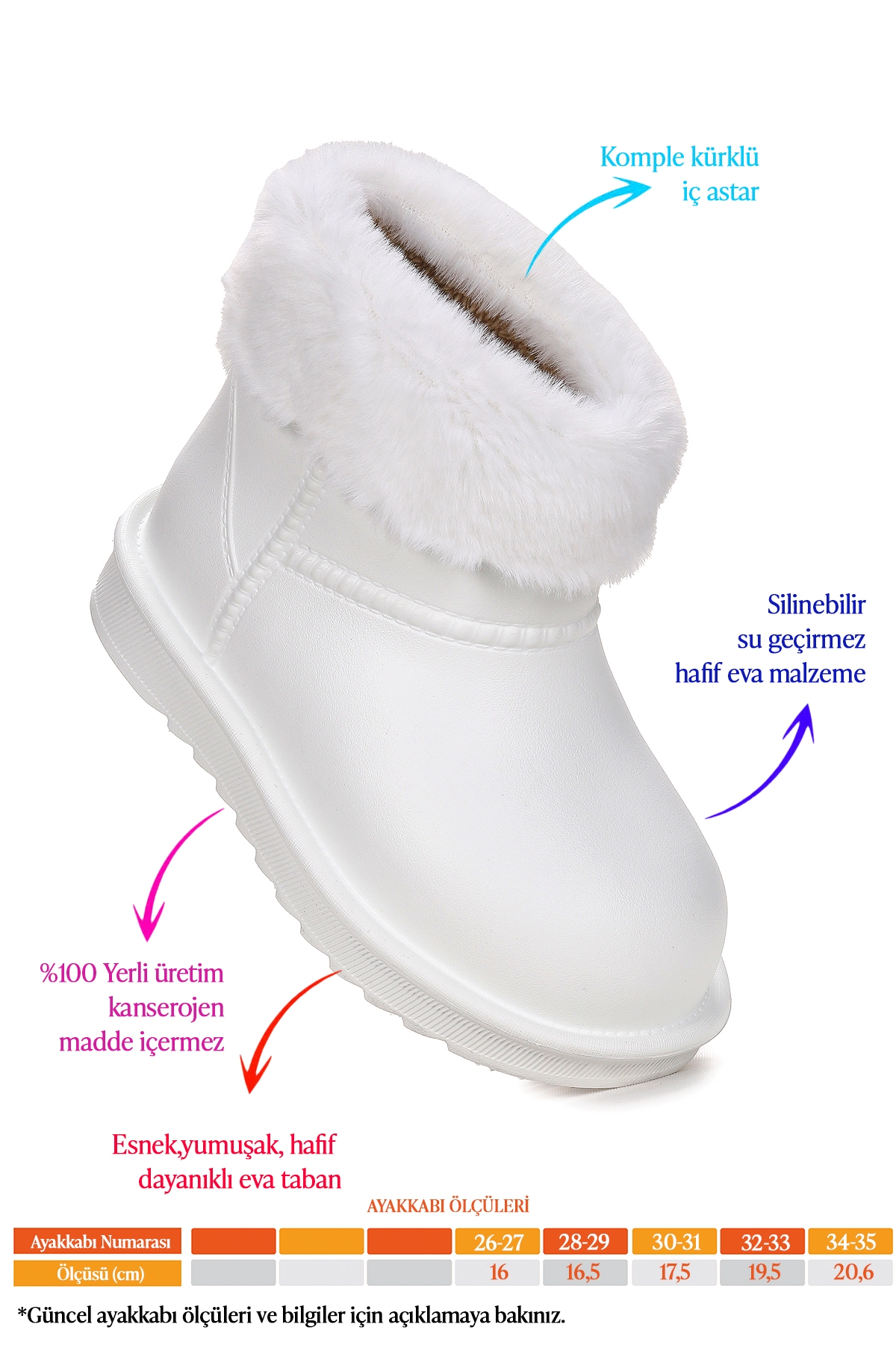 Geta Su Geçirmez İçi Kürklü Kız Çocuk Eva Yağmur Kar Çizme Beyaz - Görsel 3