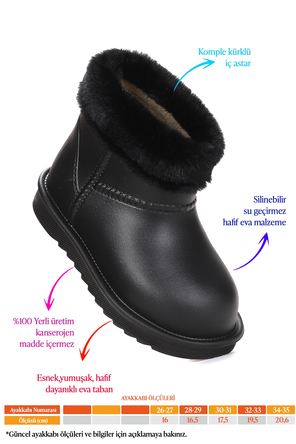 Geta Su Geçirmez İçi Kürklü Kız Çocuk Eva Yağmur Kar Çizme Siyah - Görsel 3