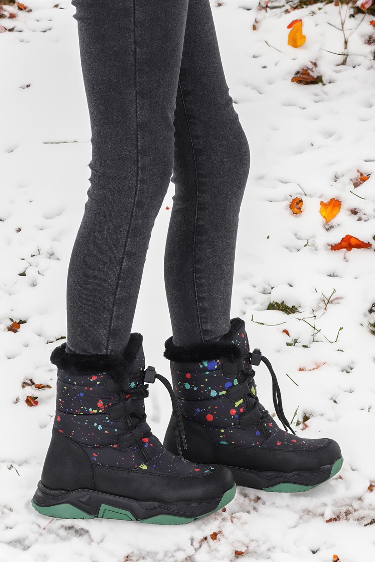 Bambu Bağcıklı Kız Çocuk Kar Botu Siyah - Yeşil - Görsel 2