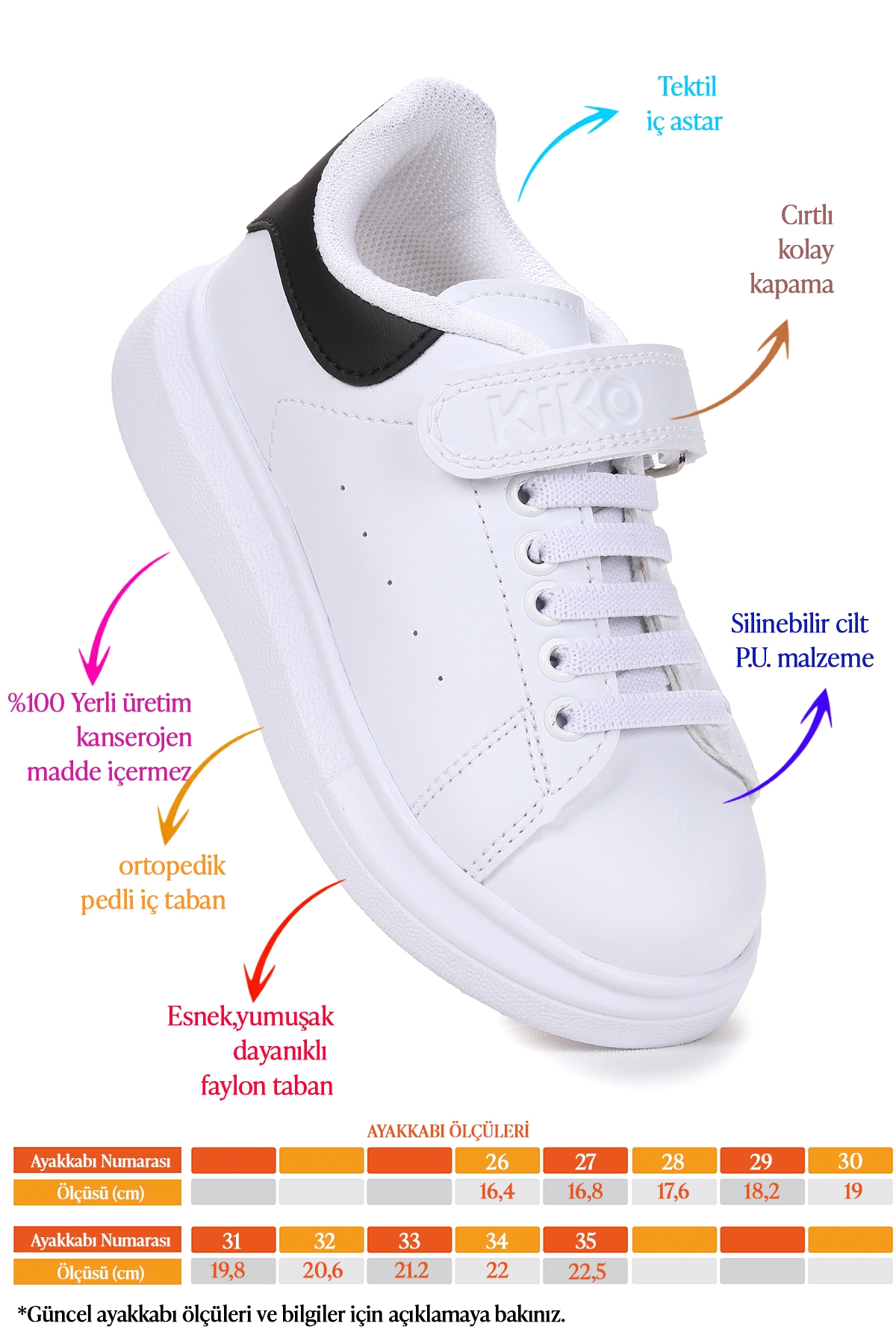 Tinsa Günlük Cırtlı Kız Çocuk Spor Ayakkabı Beyaz - Siyah - Görsel 3