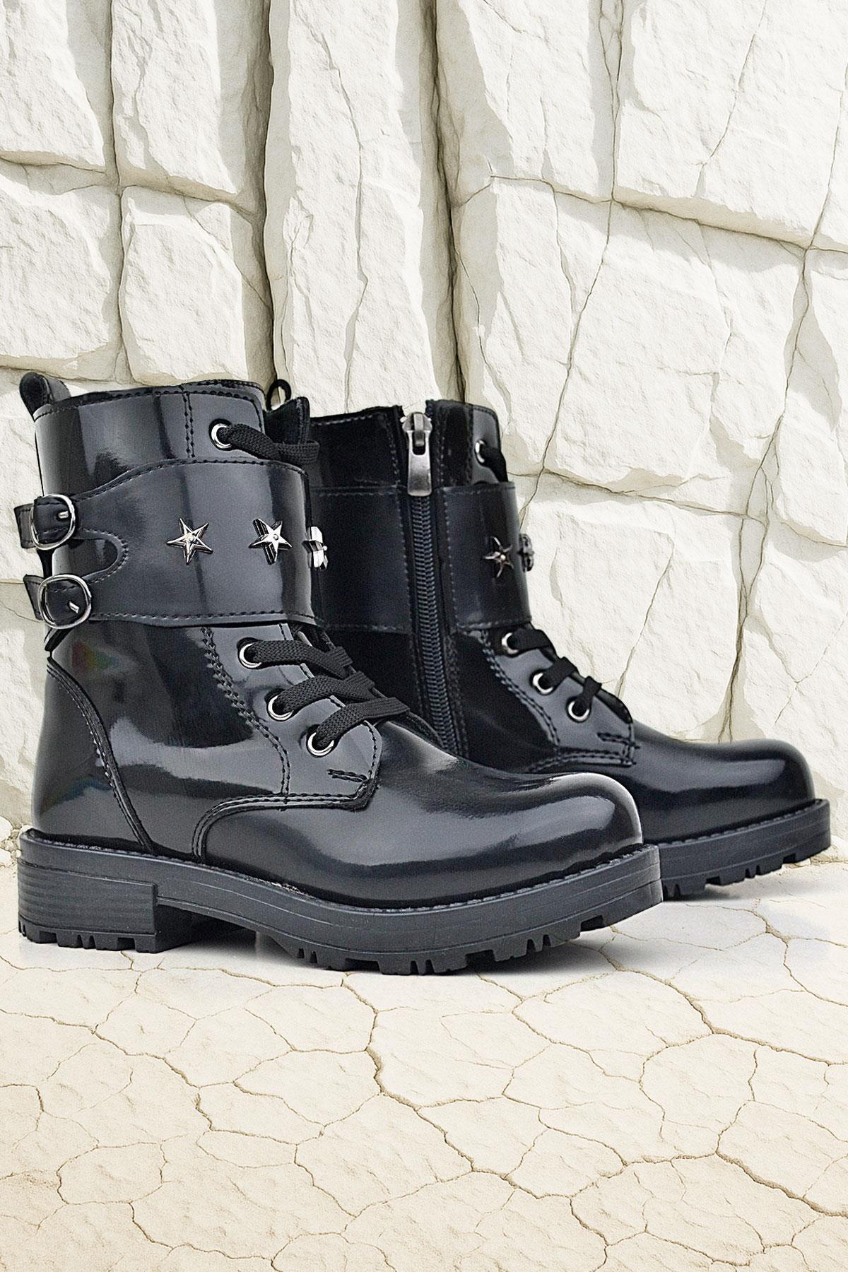 Siyah Rugan Bağcıklı Fermuarlı Yıldız Detaylı Kız Çocuk Bot - Görsel 4