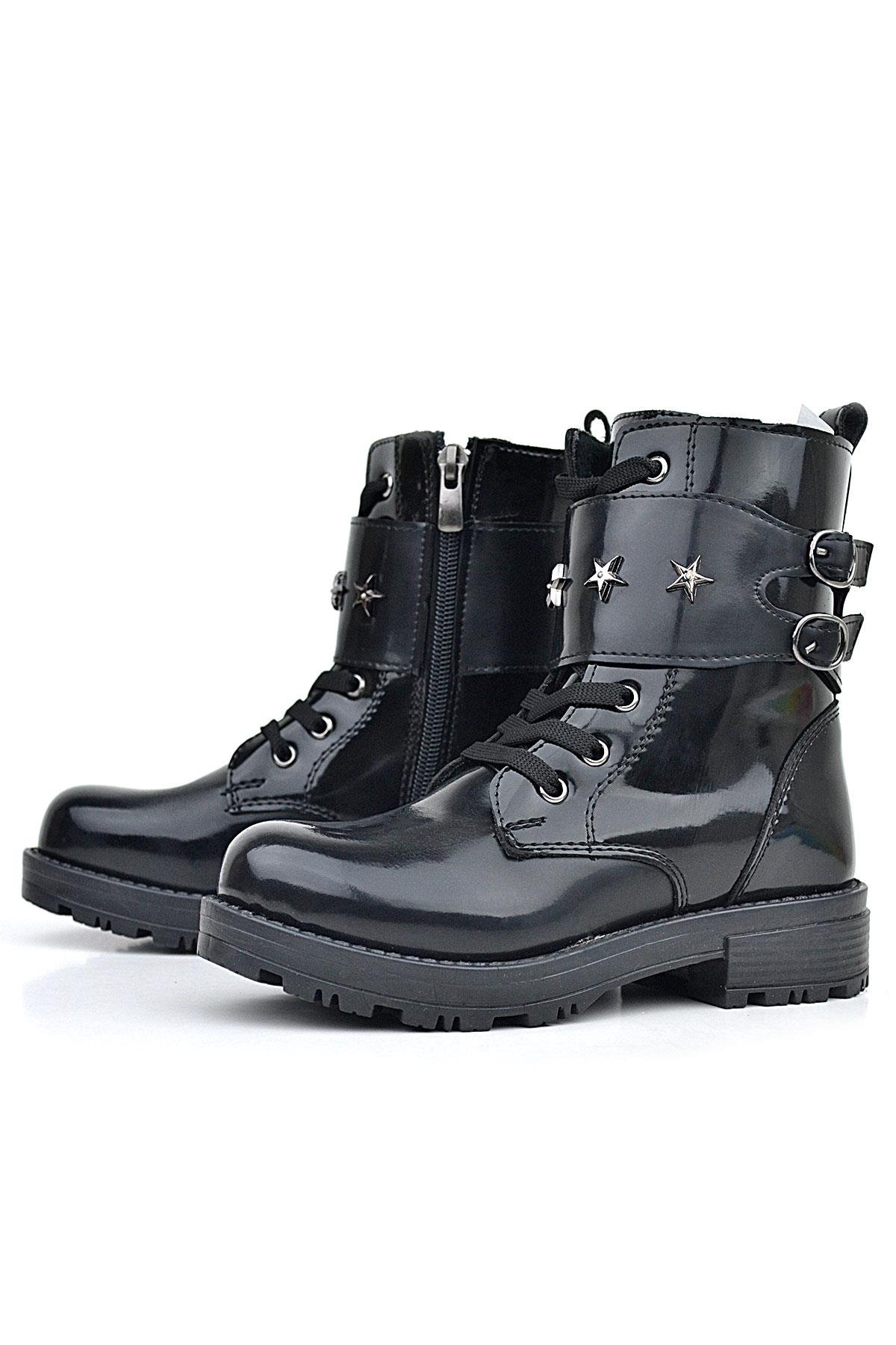 Siyah Rugan Bağcıklı Fermuarlı Yıldız Detaylı Kız Çocuk Bot - Görsel 6