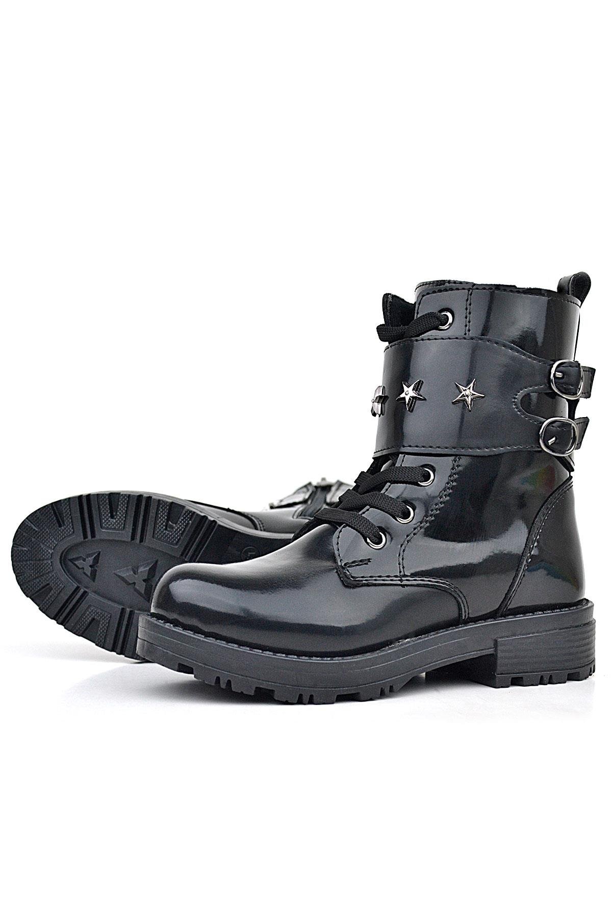 Siyah Rugan Bağcıklı Fermuarlı Yıldız Detaylı Kız Çocuk Bot - Görsel 7