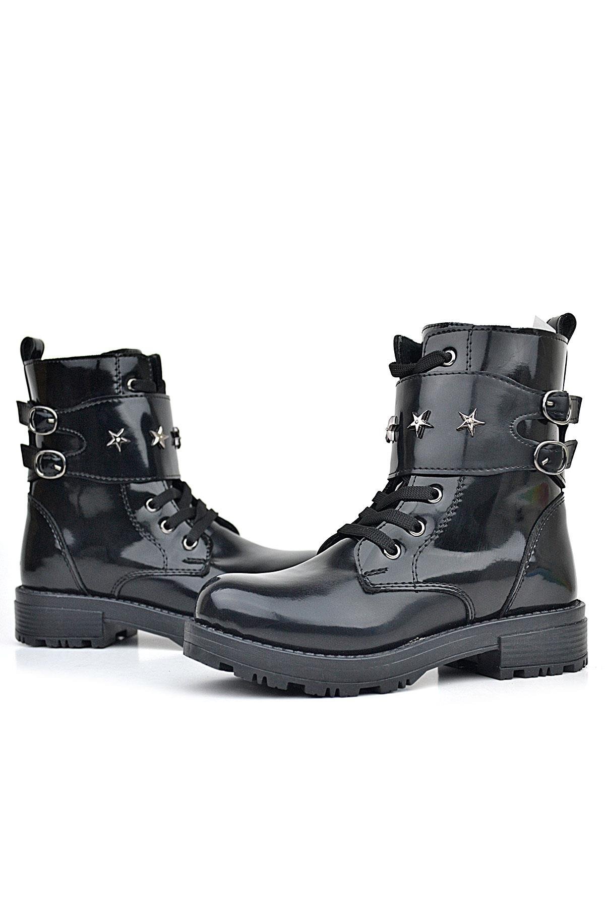 Siyah Rugan Bağcıklı Fermuarlı Yıldız Detaylı Kız Çocuk Bot - Görsel 8