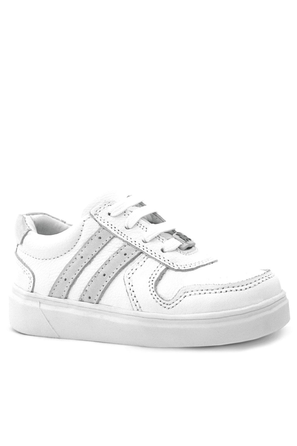 Hakiki Deri Beyaz Bağcıklı Fermuarlı Çocuk Sneaker Ayakkabı - Görsel 2