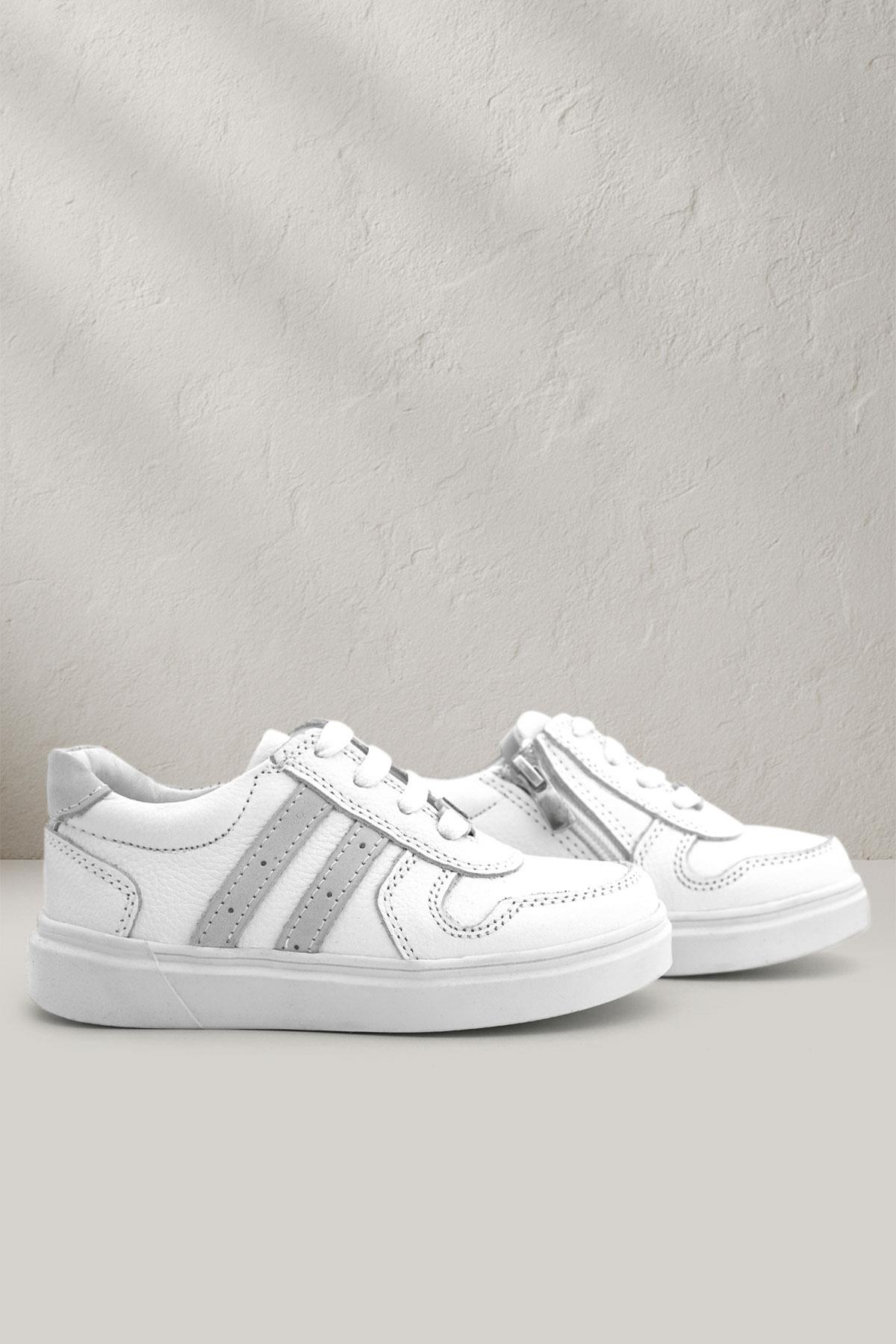 Hakiki Deri Beyaz Bağcıklı Fermuarlı Çocuk Sneaker Ayakkabı - Görsel 3