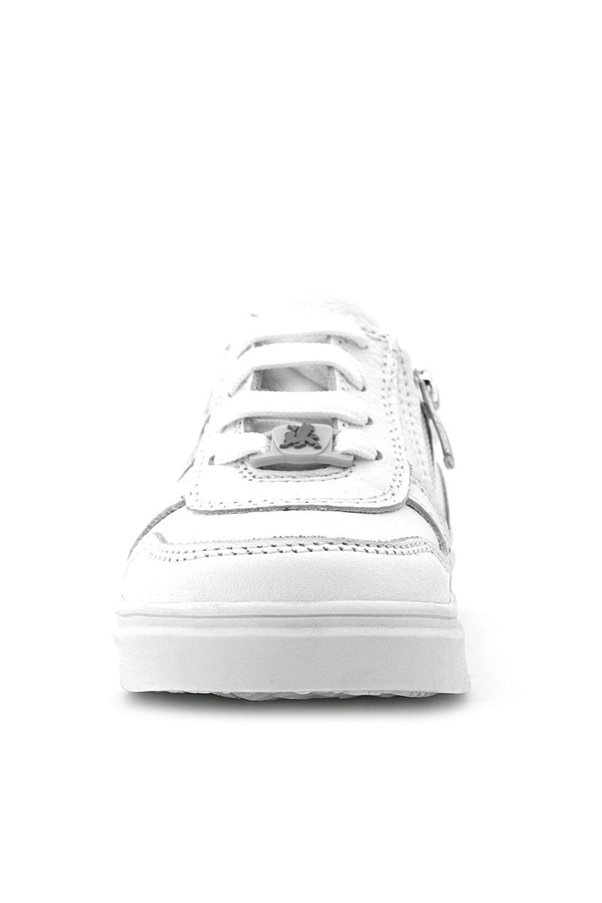 Hakiki Deri Beyaz Bağcıklı Fermuarlı Çocuk Sneaker Ayakkabı - Görsel 5