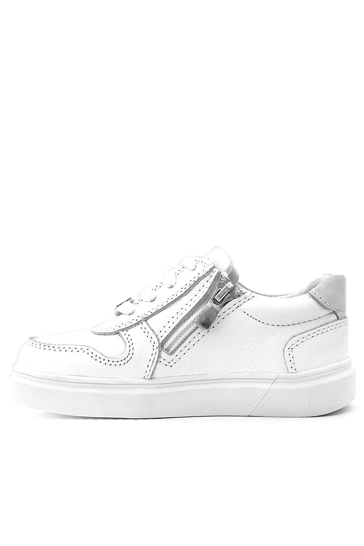 Hakiki Deri Beyaz Bağcıklı Fermuarlı Çocuk Sneaker Ayakkabı - Görsel 6