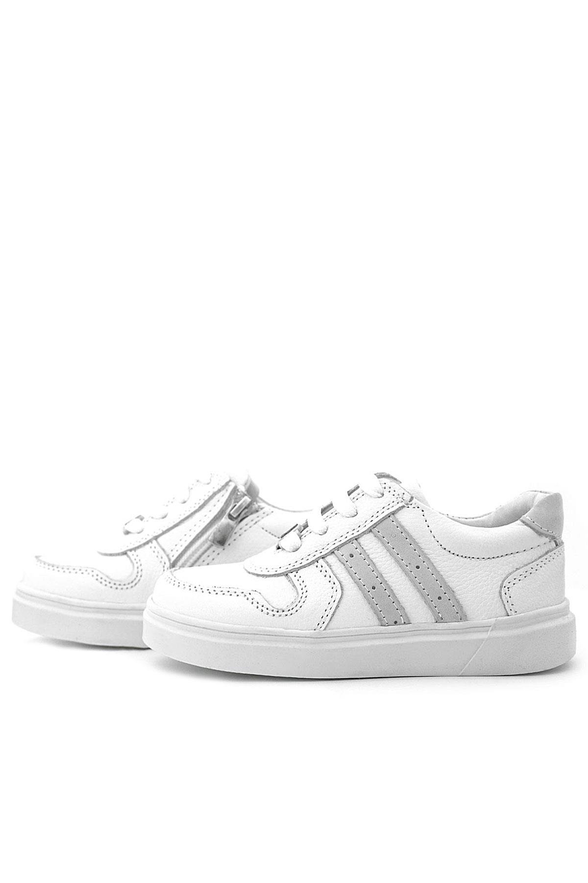 Hakiki Deri Beyaz Bağcıklı Fermuarlı Çocuk Sneaker Ayakkabı - Görsel 7
