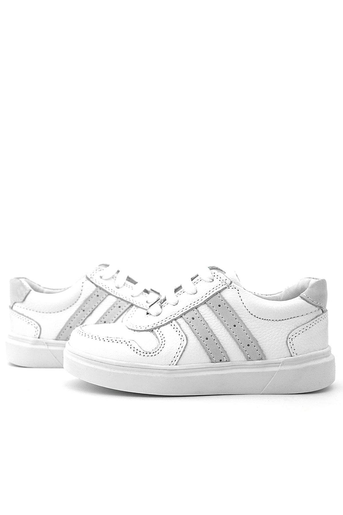 Hakiki Deri Beyaz Bağcıklı Fermuarlı Çocuk Sneaker Ayakkabı - Görsel 9