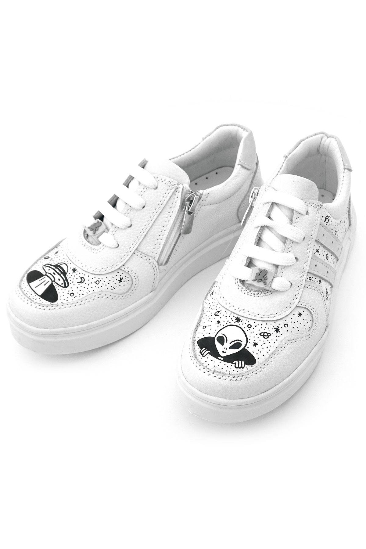 Tbons Özel Tasarım Hakiki Deri Beyaz Bağcıklı Fermuarlı Çocuk Ayakkabı - Görsel 3