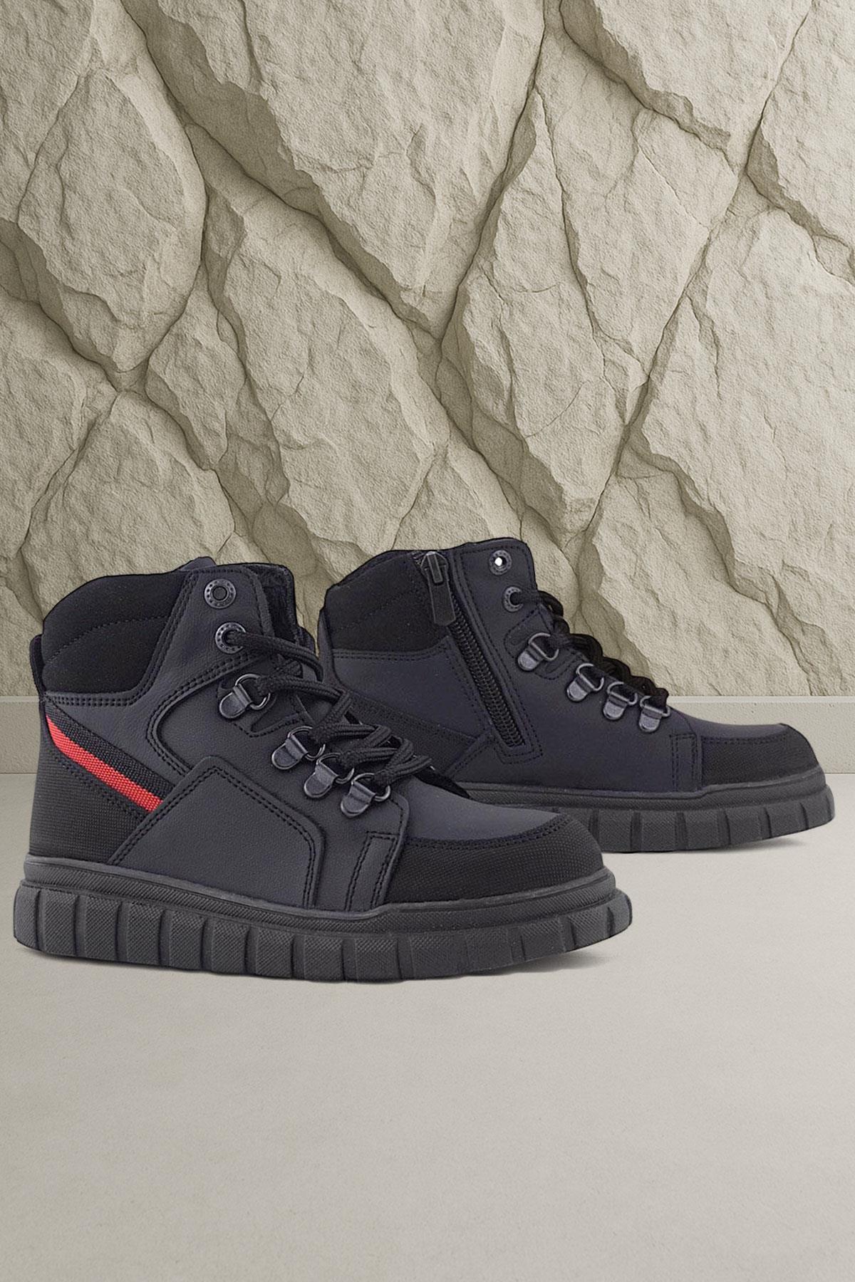 Hakiki Deri Siyah Kırmızı Fermuarlı Erkek Çocuk Bot - Görsel 3