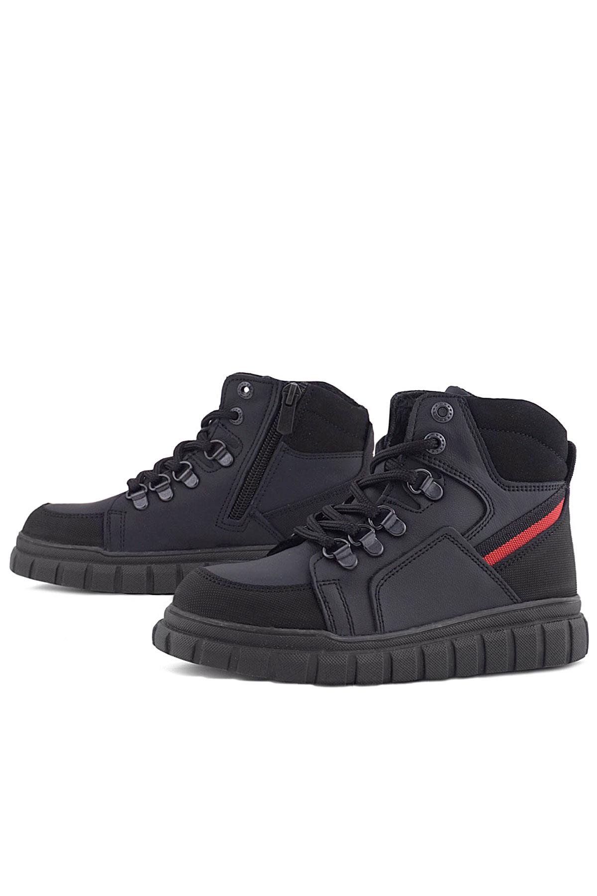 Hakiki Deri Siyah Kırmızı Fermuarlı Erkek Çocuk Bot - Görsel 8