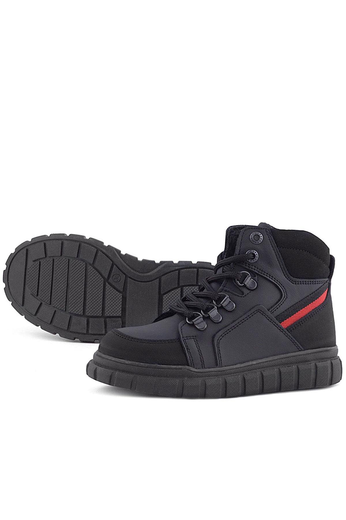 Hakiki Deri Siyah Kırmızı Fermuarlı Erkek Çocuk Bot - Görsel 9