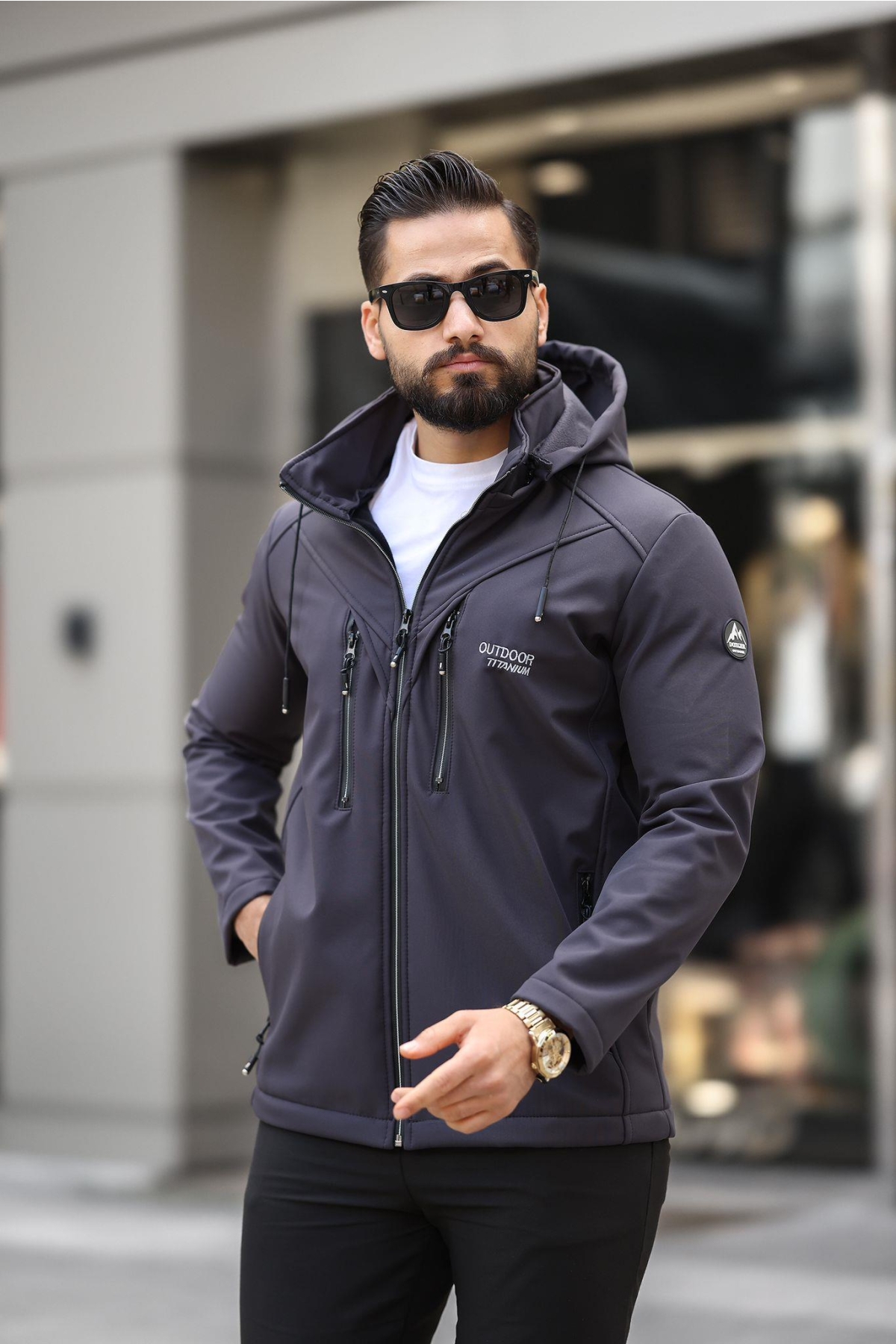 Outland Erkek Softshell Su Geçirmez Kapüşonlu Füme Mevsimlik Mont