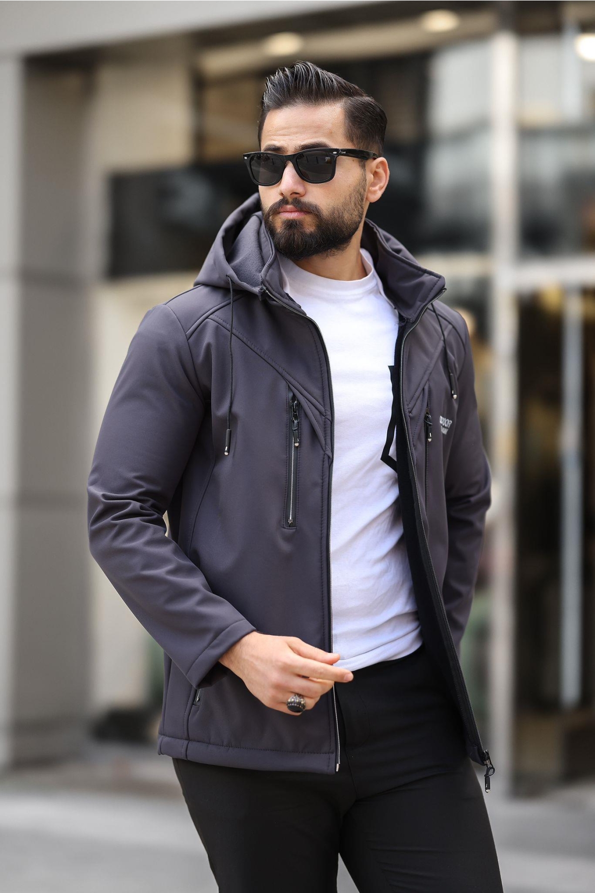 Outland Erkek Softshell Su Geçirmez Kapüşonlu Füme Mevsimlik Mont