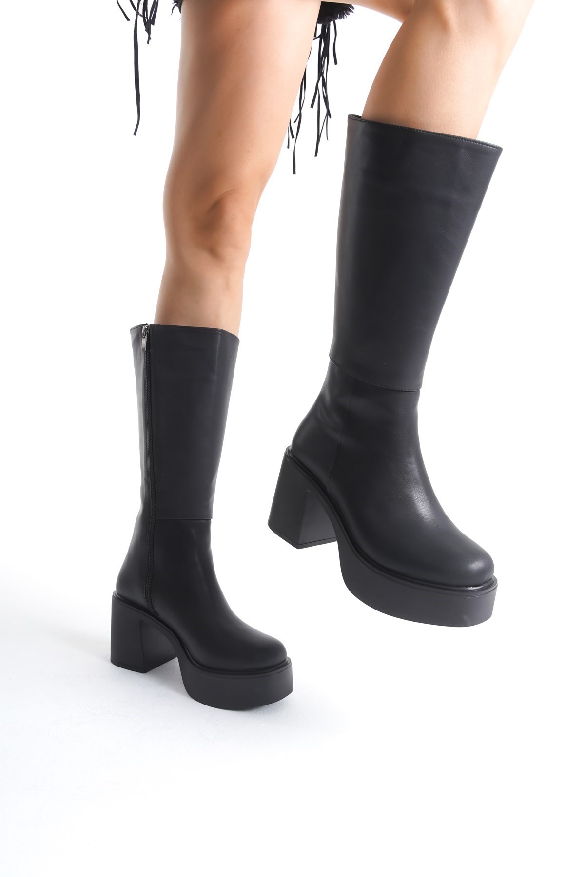 Kalın Taban Topuklu Fermuarlı Diz Altı Sade Klasik Kadın Çizme 914303-z - Görsel 4