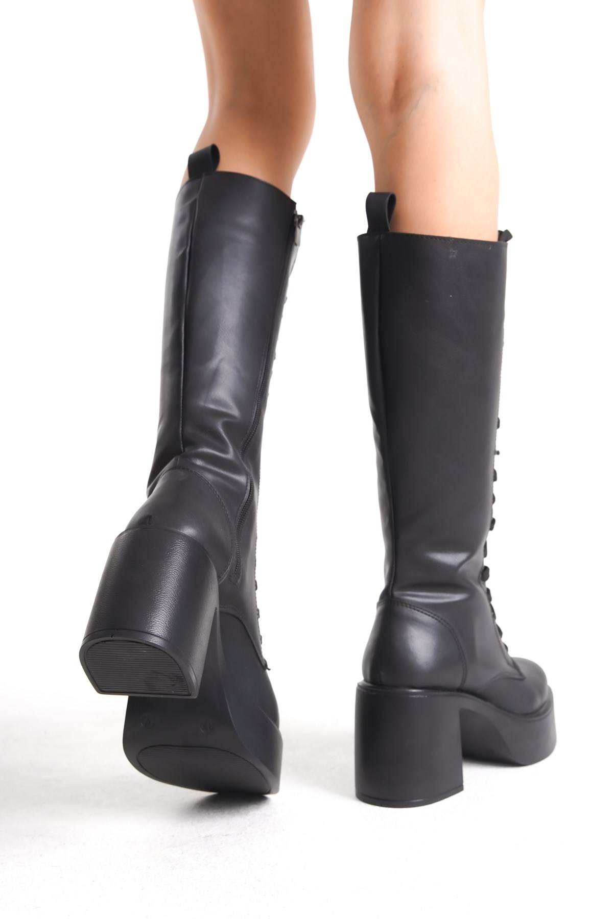 Kalın Taban Topuklu Fermuarlı Diz Altı Sade Bağcıklı Kadın Çizme - Görsel 5