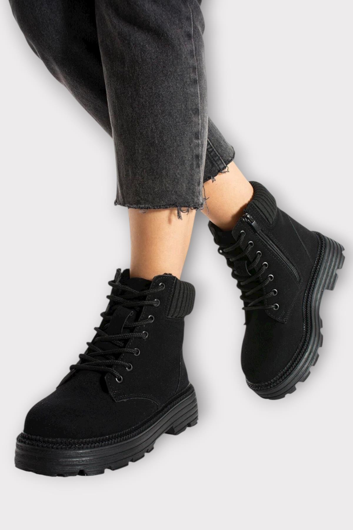 Bileği Lastikli Süet Kalın Taban Kadın Bot SİYAH - Görsel 3