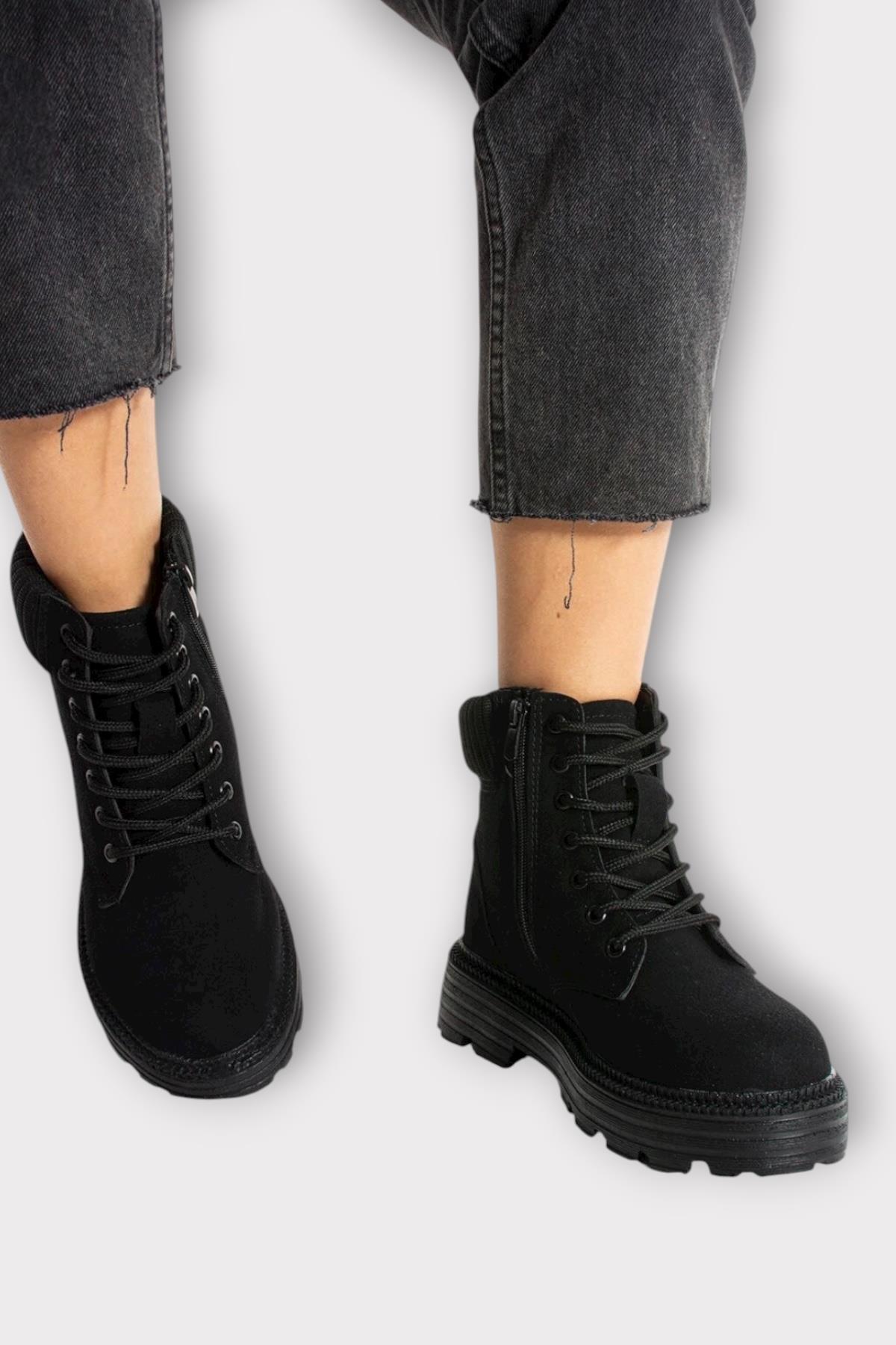 Bileği Lastikli Süet Kalın Taban Kadın Bot SİYAH - Görsel 4