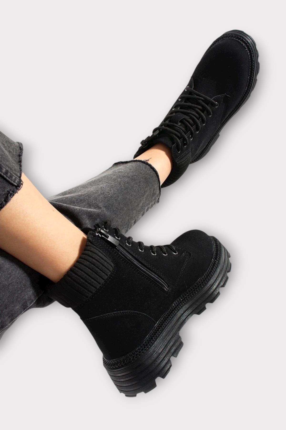 Bileği Lastikli Süet Kalın Taban Kadın Bot SİYAH - Görsel 5