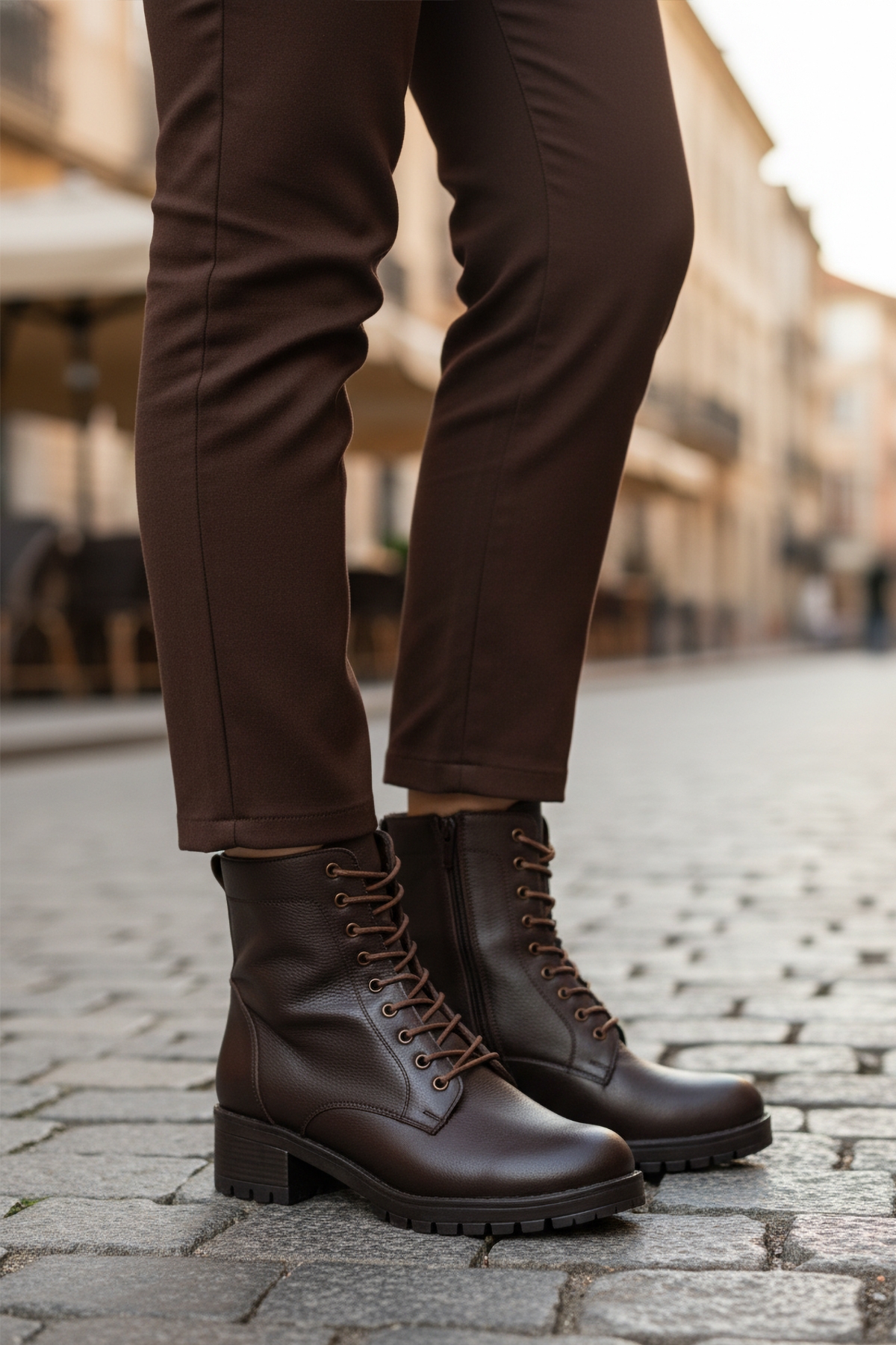 Aspor Kahve Hakiki Deri Fermuarlı Bağcık Detaylı Kadın Topuklu Bot - Görsel 4